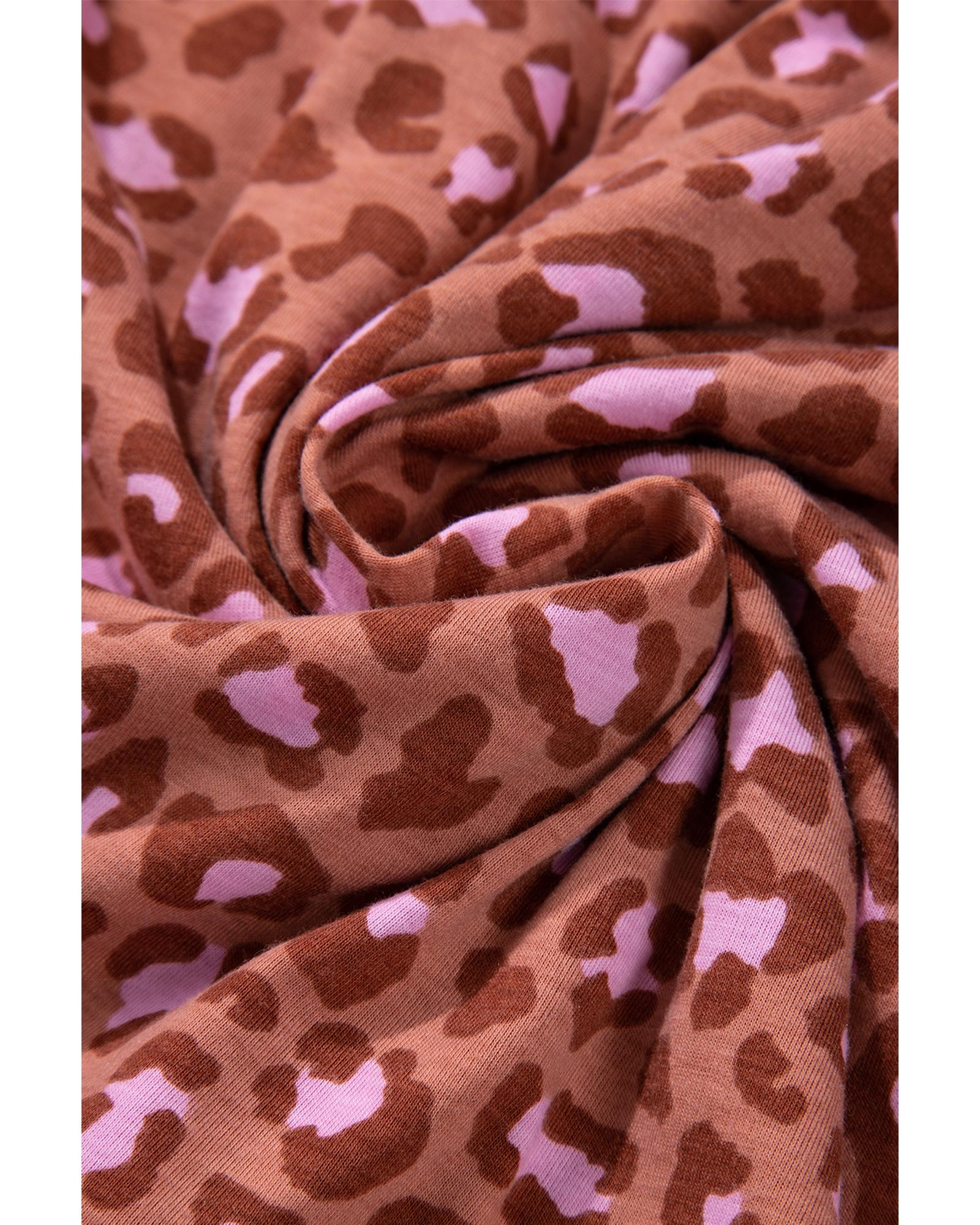 Brown Leopard Print Short Sleeve Shirt and Pants Pajamas Set - XL