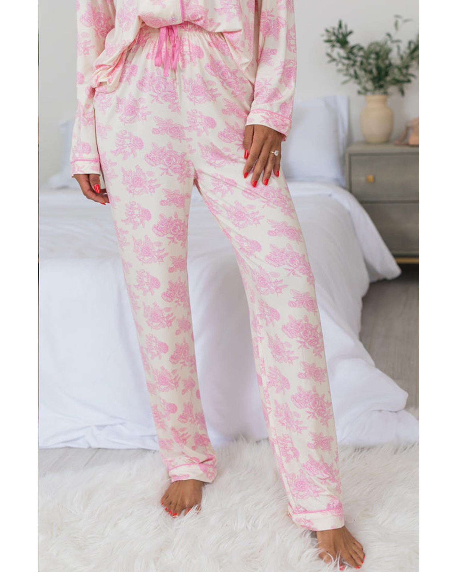 Pink Floral Long Sleeve and Pants Pajamas Set - 2XL