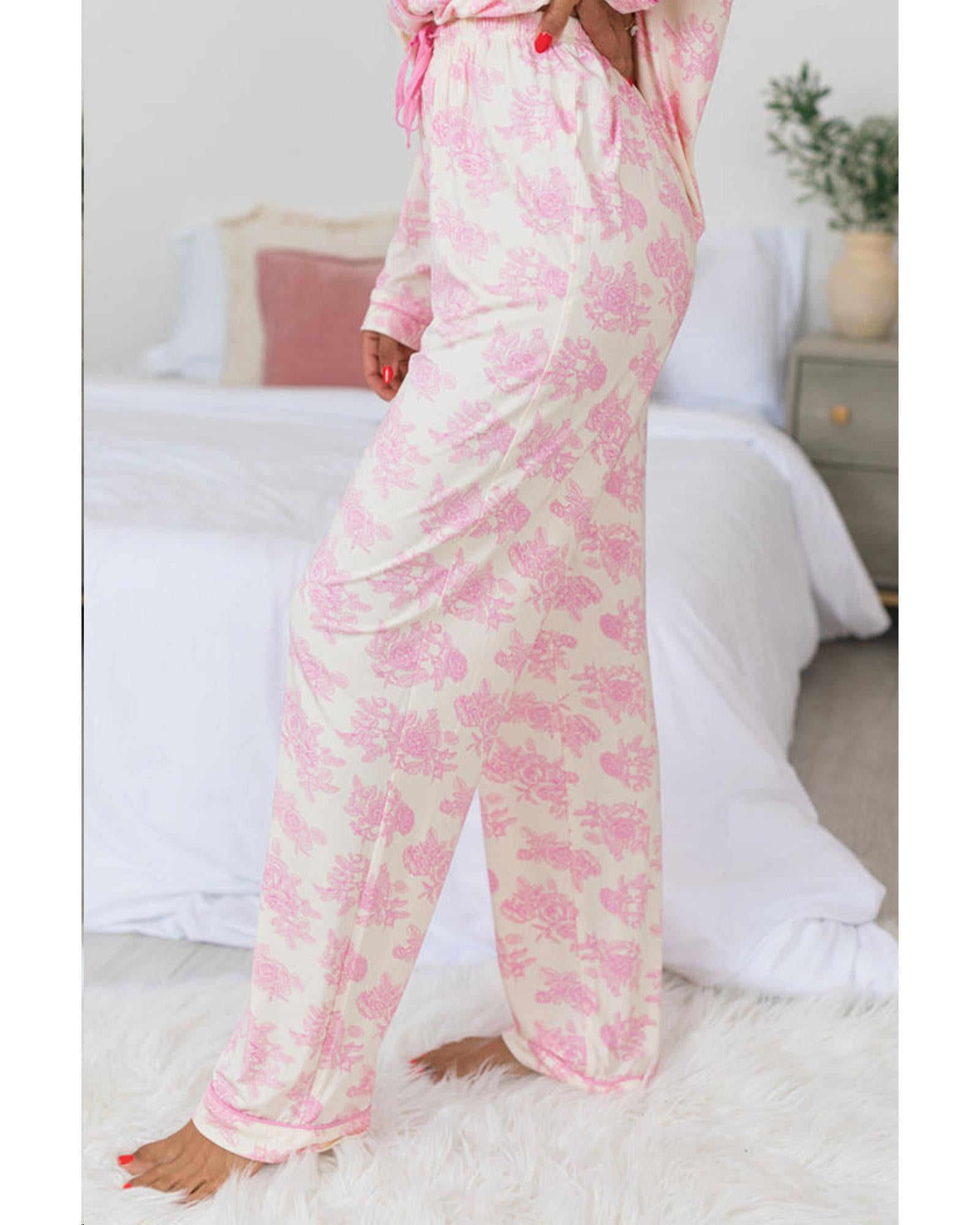 Pink Floral Long Sleeve and Pants Pajamas Set - 2XL
