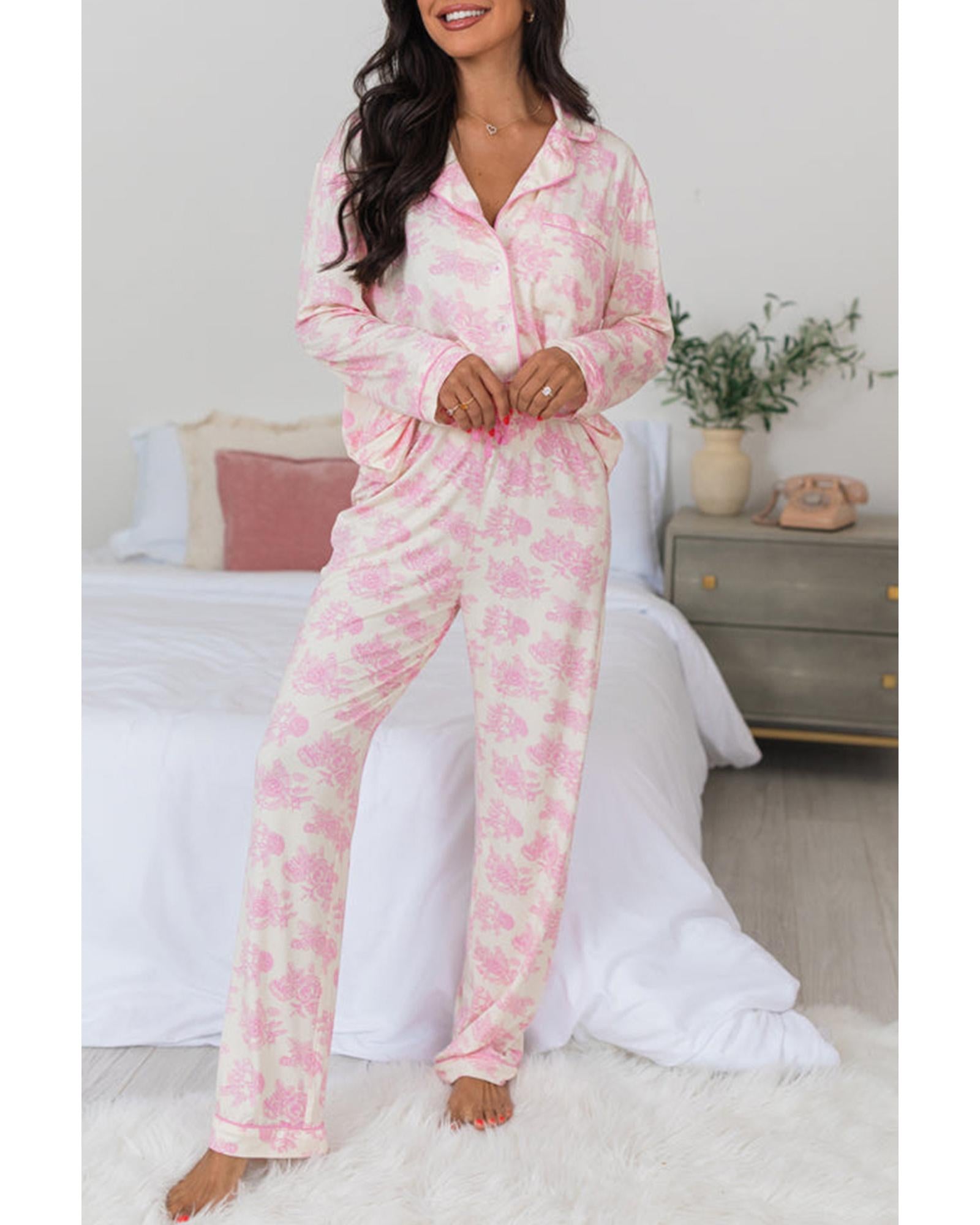 Pink Floral Long Sleeve and Pants Pajamas Set - 2XL