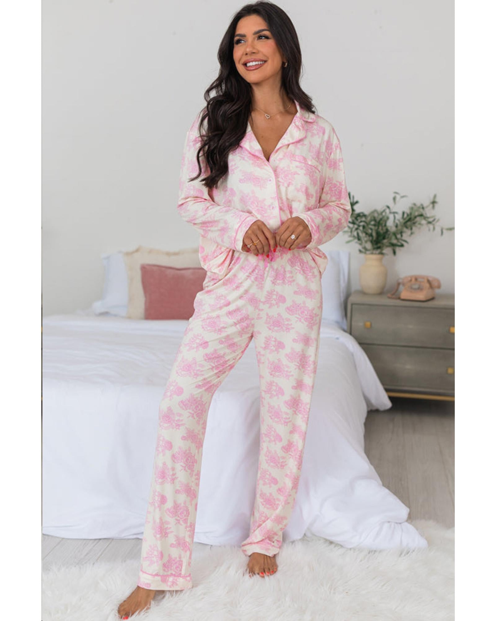 Pink Floral Long Sleeve and Pants Pajamas Set - 2XL