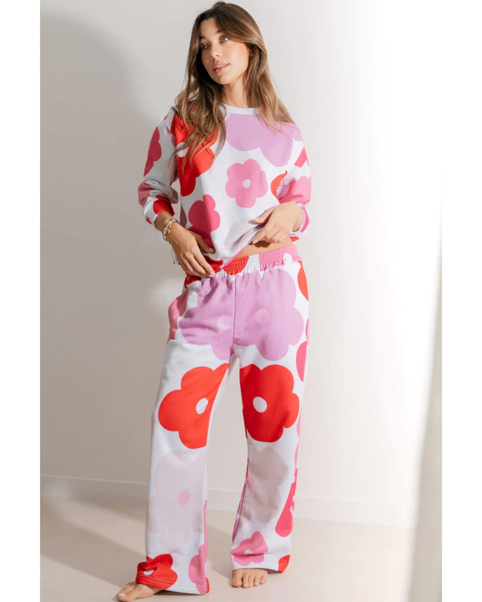 White Floral Print Pullover Top Sweatpants Lounge Set - S