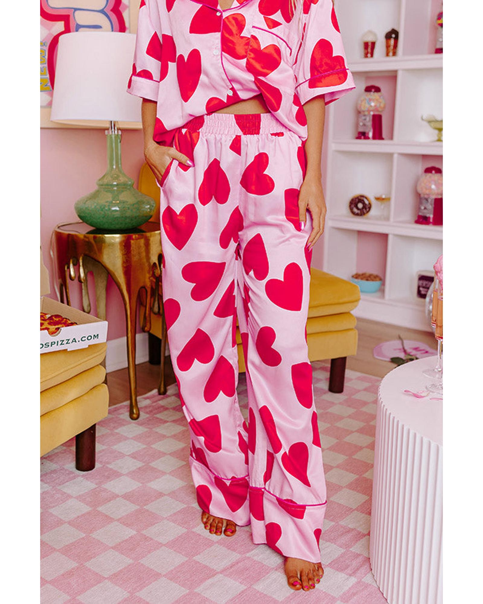 Pink Classic Heart Valentines Short Sleeve Pants Pajamas Set - L