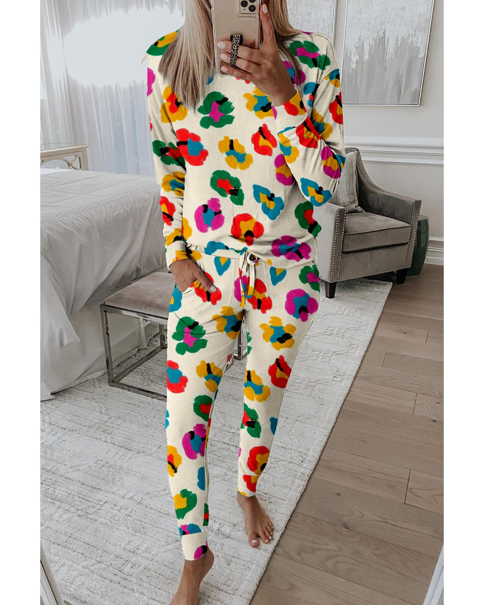 Apricot Leopard Print Long Sleeve Top and Skinny Pants Lounge Set - XL
