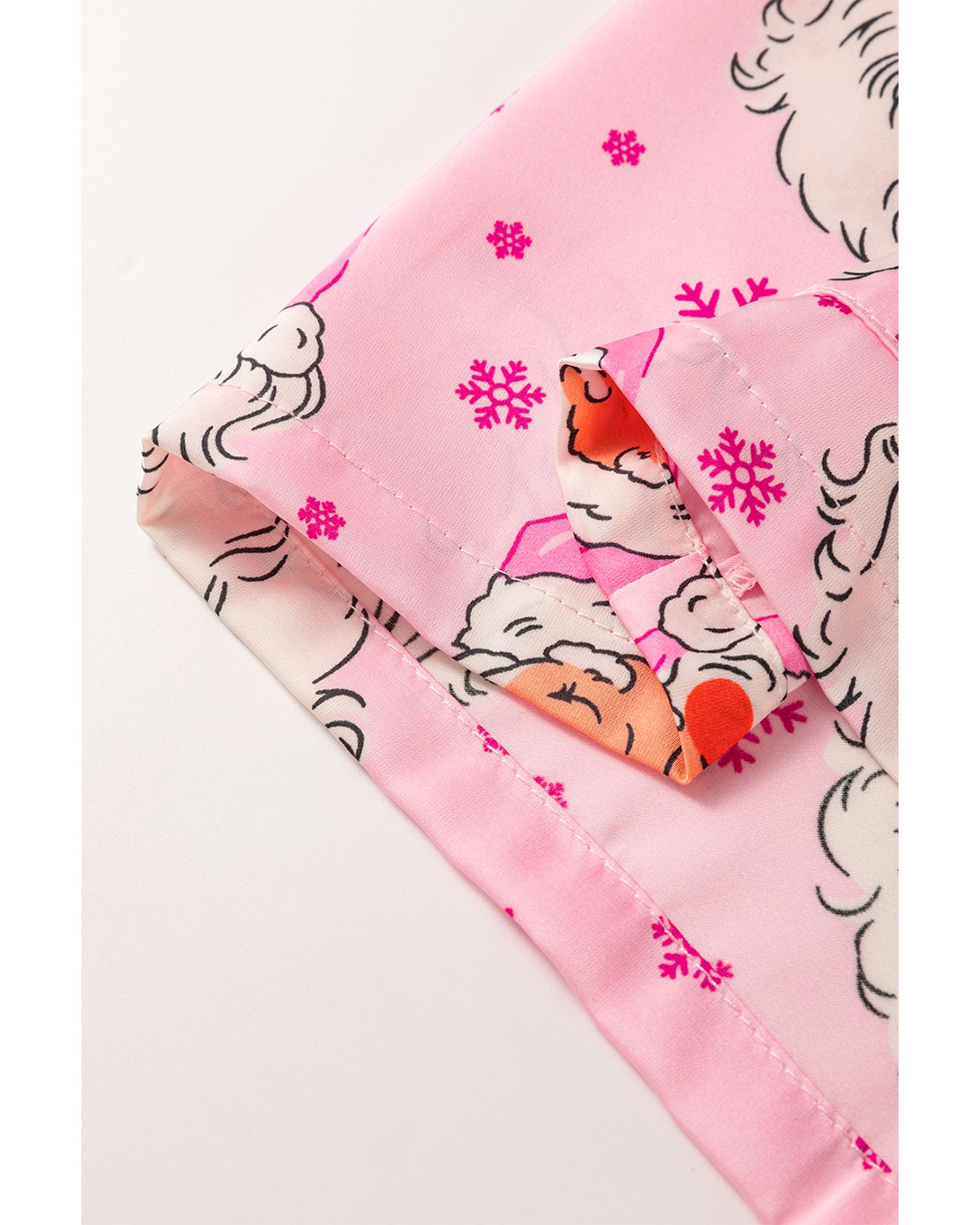 Pink Santa Claus Snowflake Long Sleeve Shirt Christmas Pajama Set - L