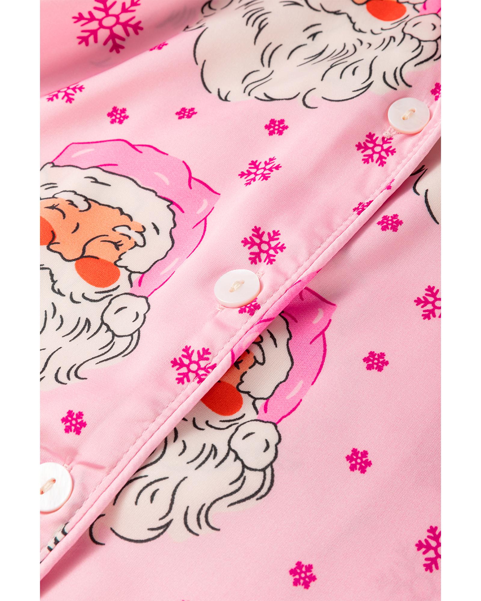 Pink Santa Claus Snowflake Long Sleeve Shirt Christmas Pajama Set - L