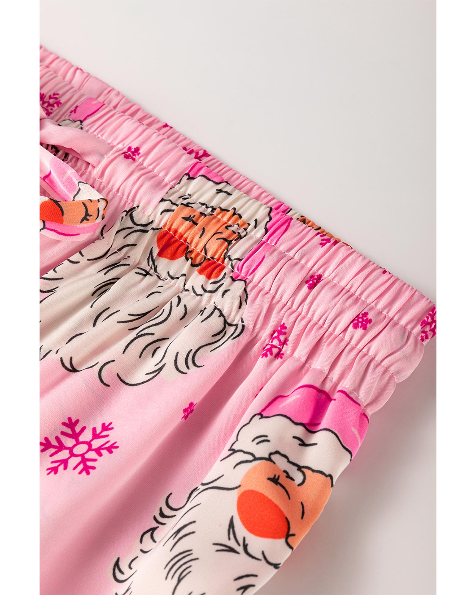Pink Santa Claus Snowflake Long Sleeve Shirt Christmas Pajama Set - L
