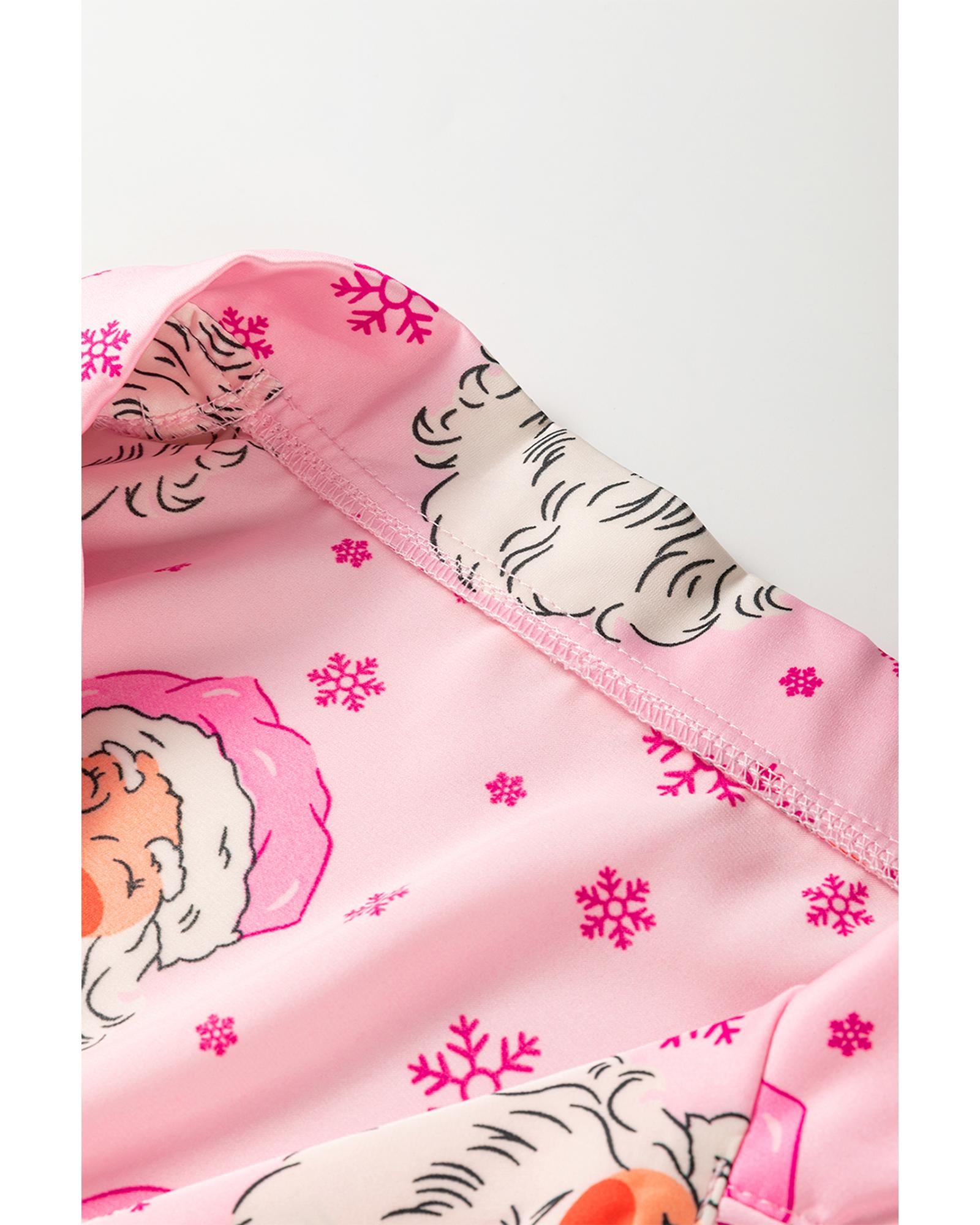 Pink Santa Claus Snowflake Long Sleeve Shirt Christmas Pajama Set - M