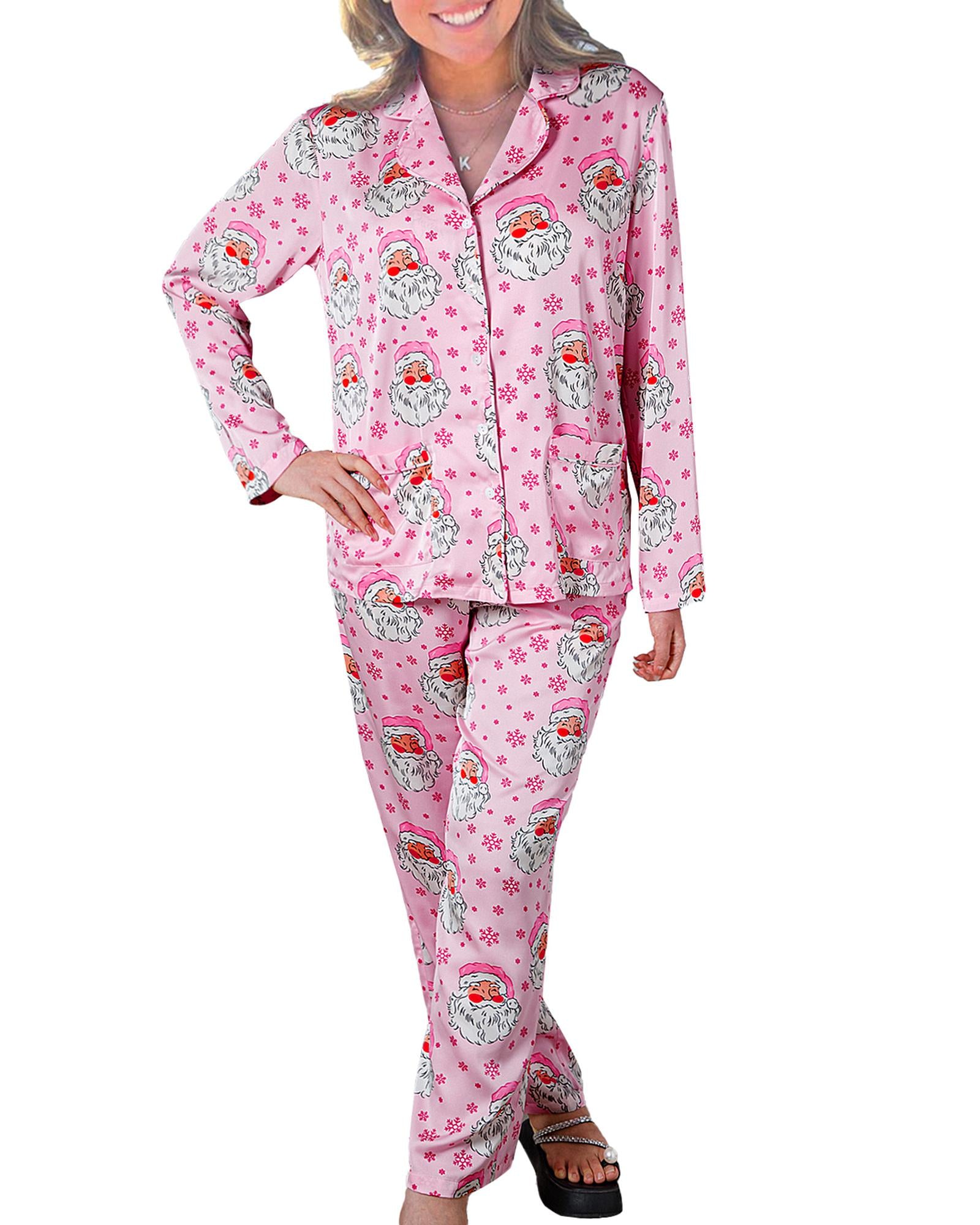 Pink Santa Claus Snowflake Long Sleeve Shirt Christmas Pajama Set - S