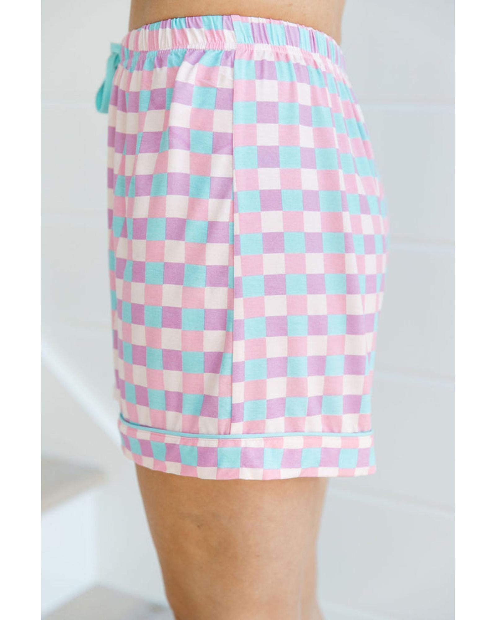 Purple Checkered Pattern Short Sleeve Pajamas Set - L