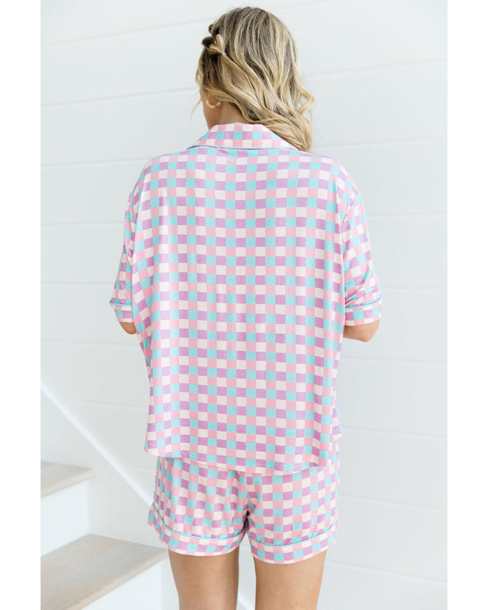 Purple Checkered Pattern Short Sleeve Pajamas Set - L