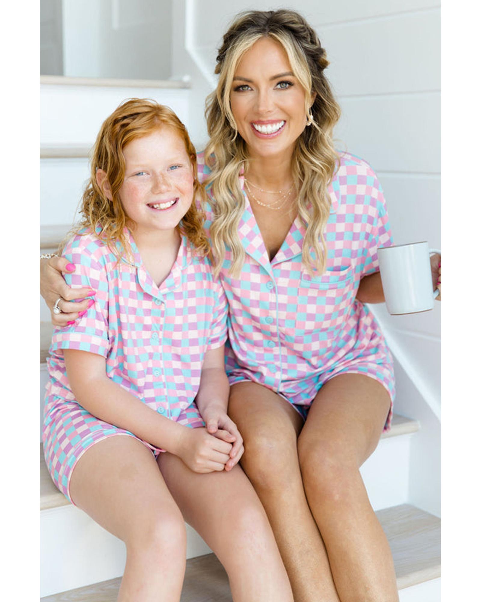 Purple Checkered Pattern Short Sleeve Pajamas Set - L