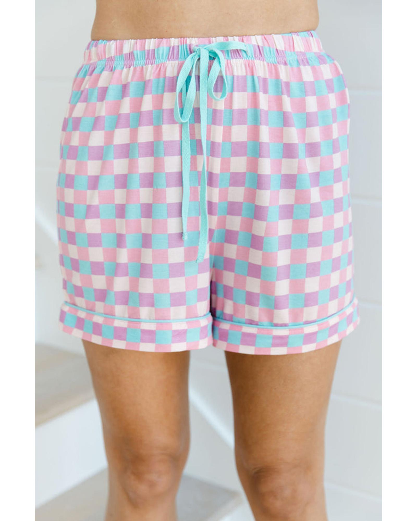 Purple Checkered Pattern Short Sleeve Pajamas Set - L