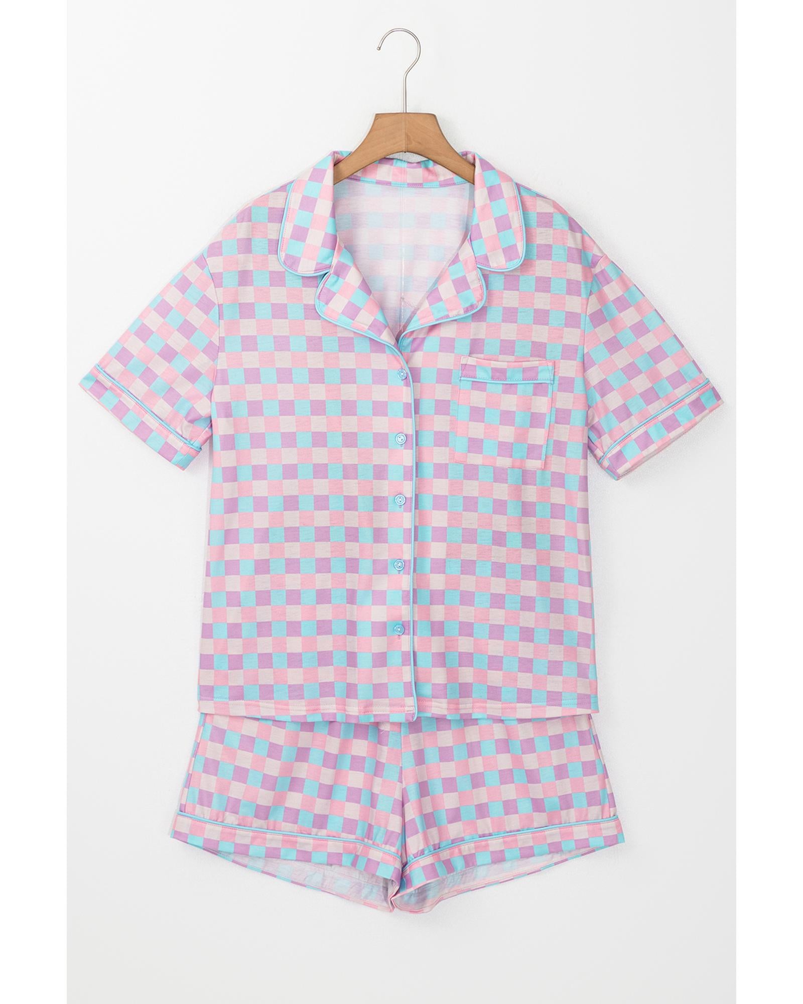 Purple Checkered Pattern Short Sleeve Pajamas Set - L