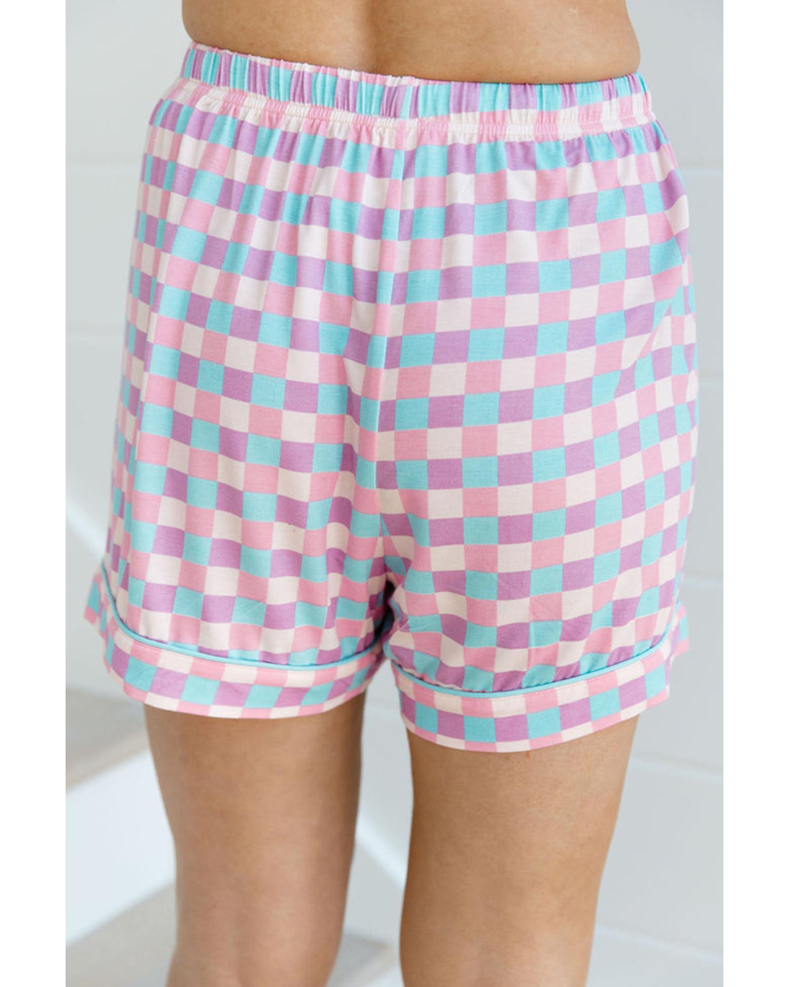 Purple Checkered Pattern Short Sleeve Pajamas Set - L