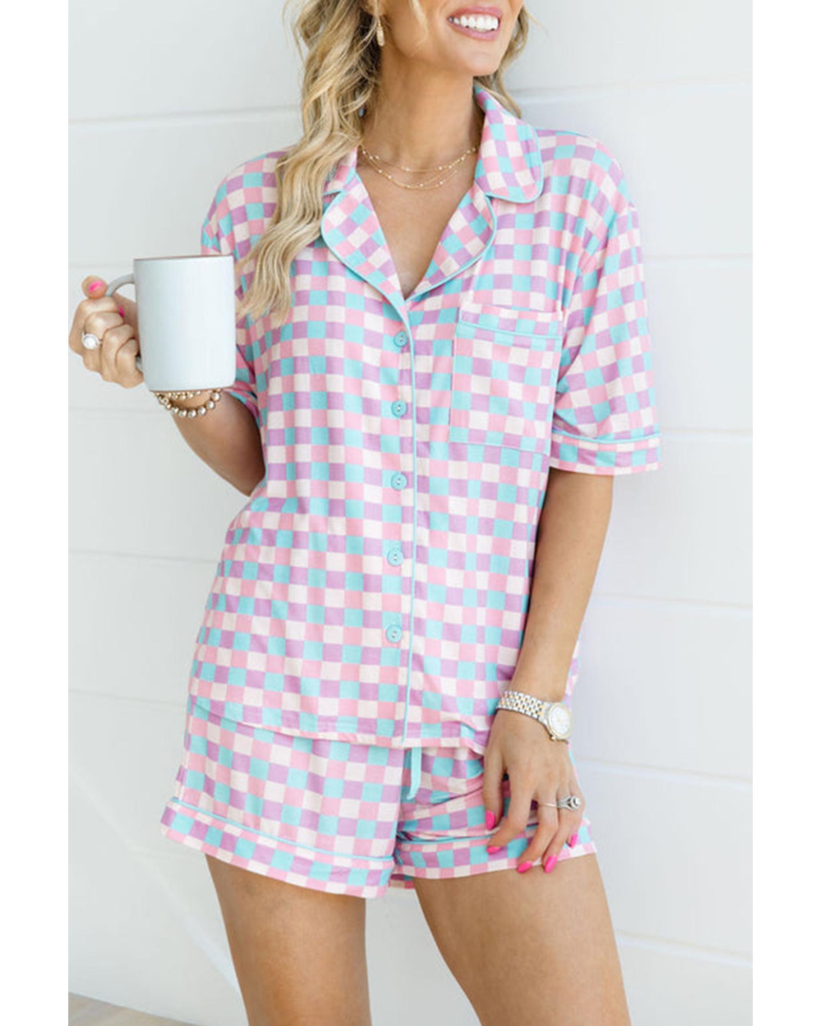 Purple Checkered Pattern Short Sleeve Pajamas Set - M