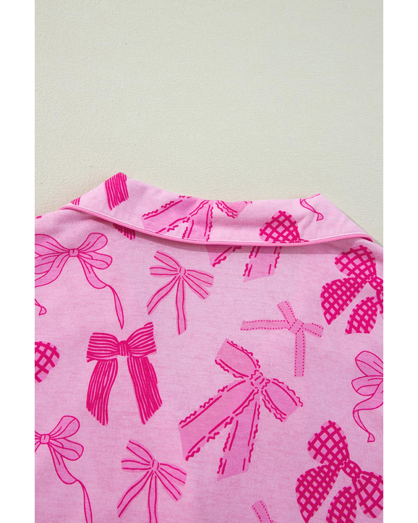 Pink Bow Print Half Sleeve Shirt and Shorts Pajamas Set - L
