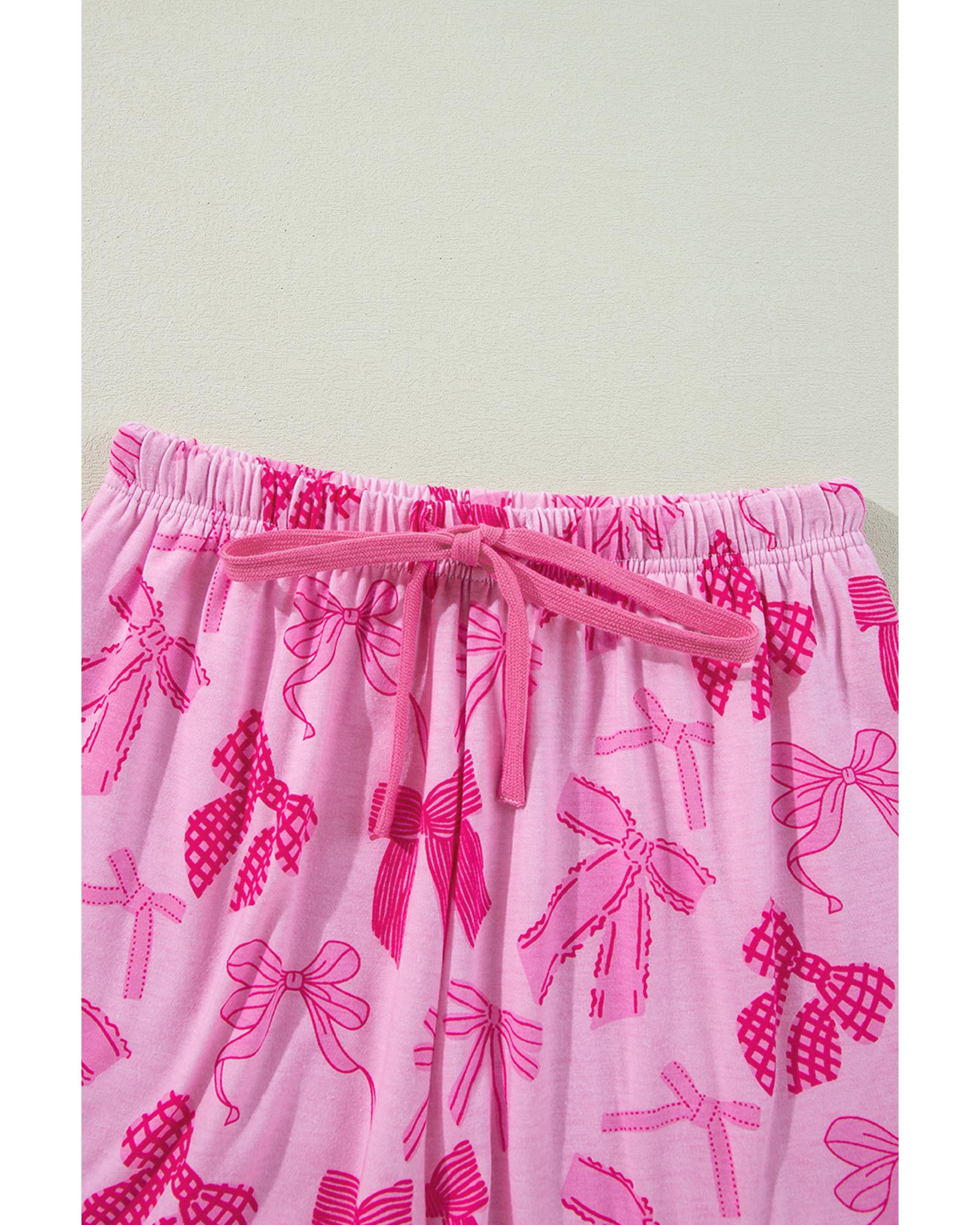 Pink Bow Print Half Sleeve Shirt and Shorts Pajamas Set - L