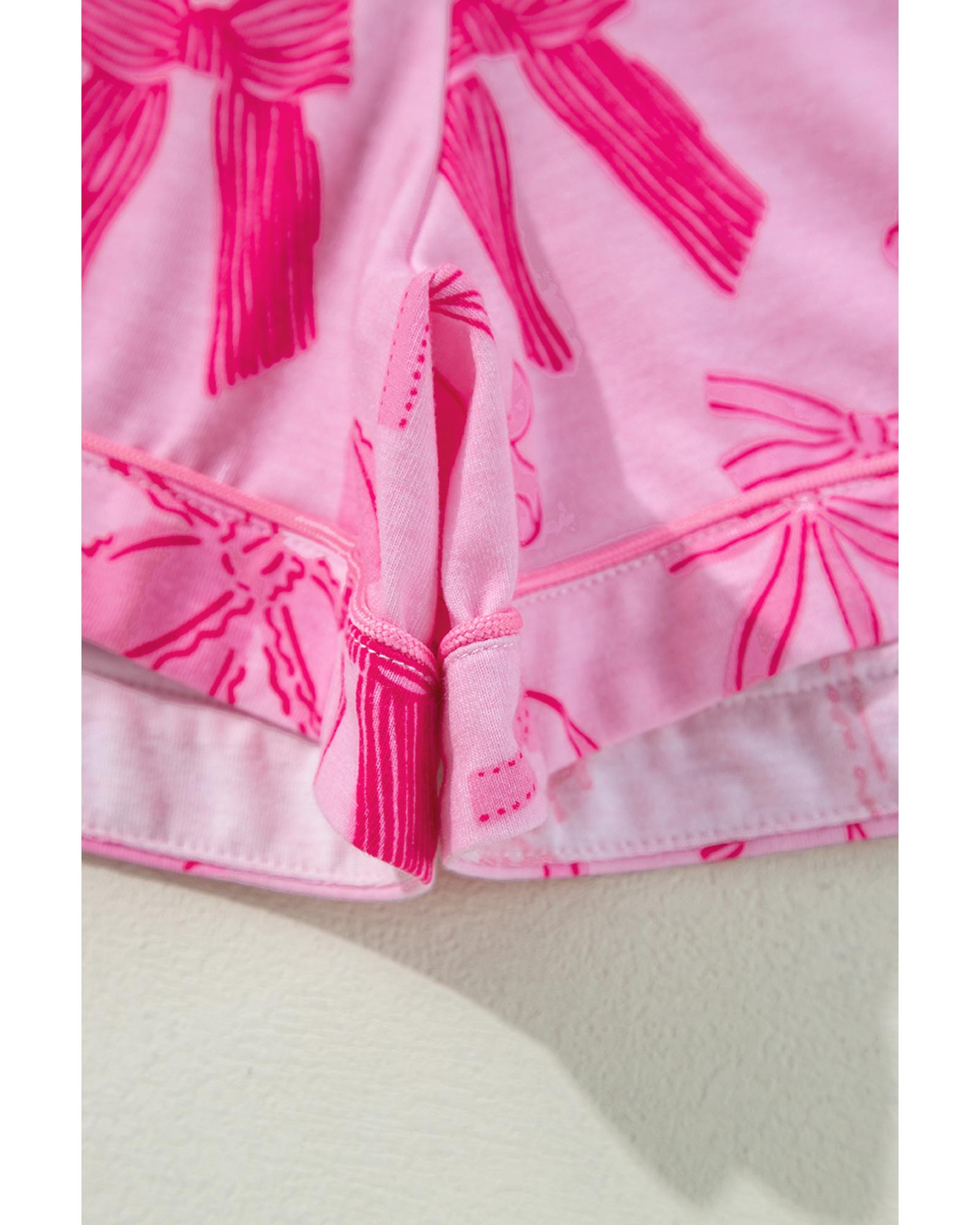 Pink Bow Print Half Sleeve Shirt and Shorts Pajamas Set - L