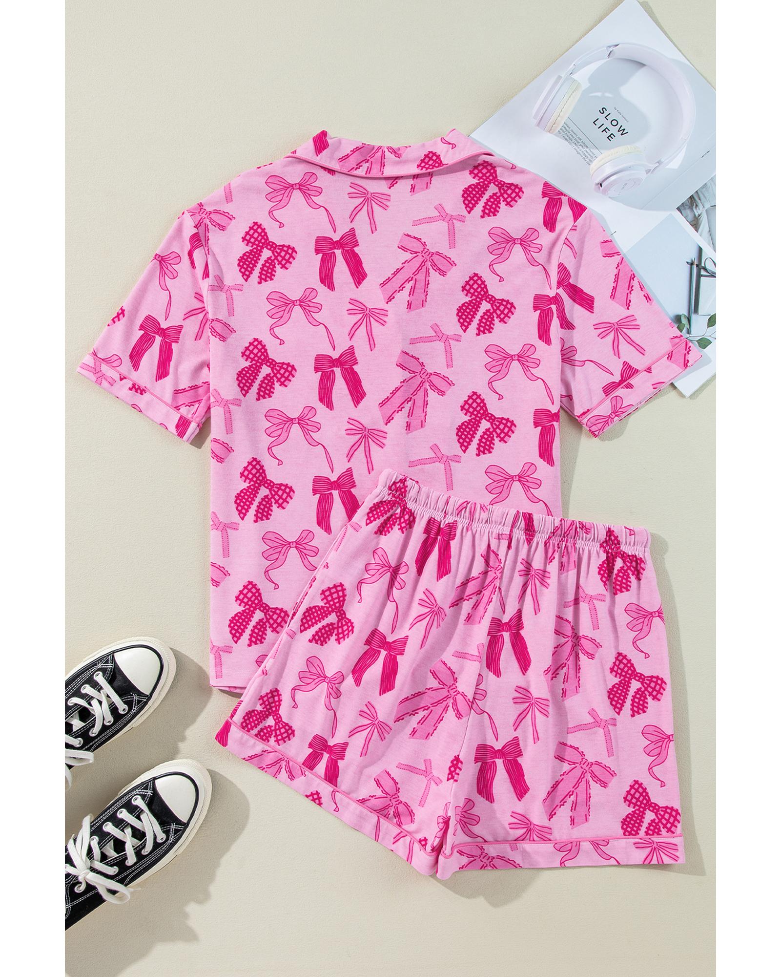 Pink Bow Print Half Sleeve Shirt and Shorts Pajamas Set - L