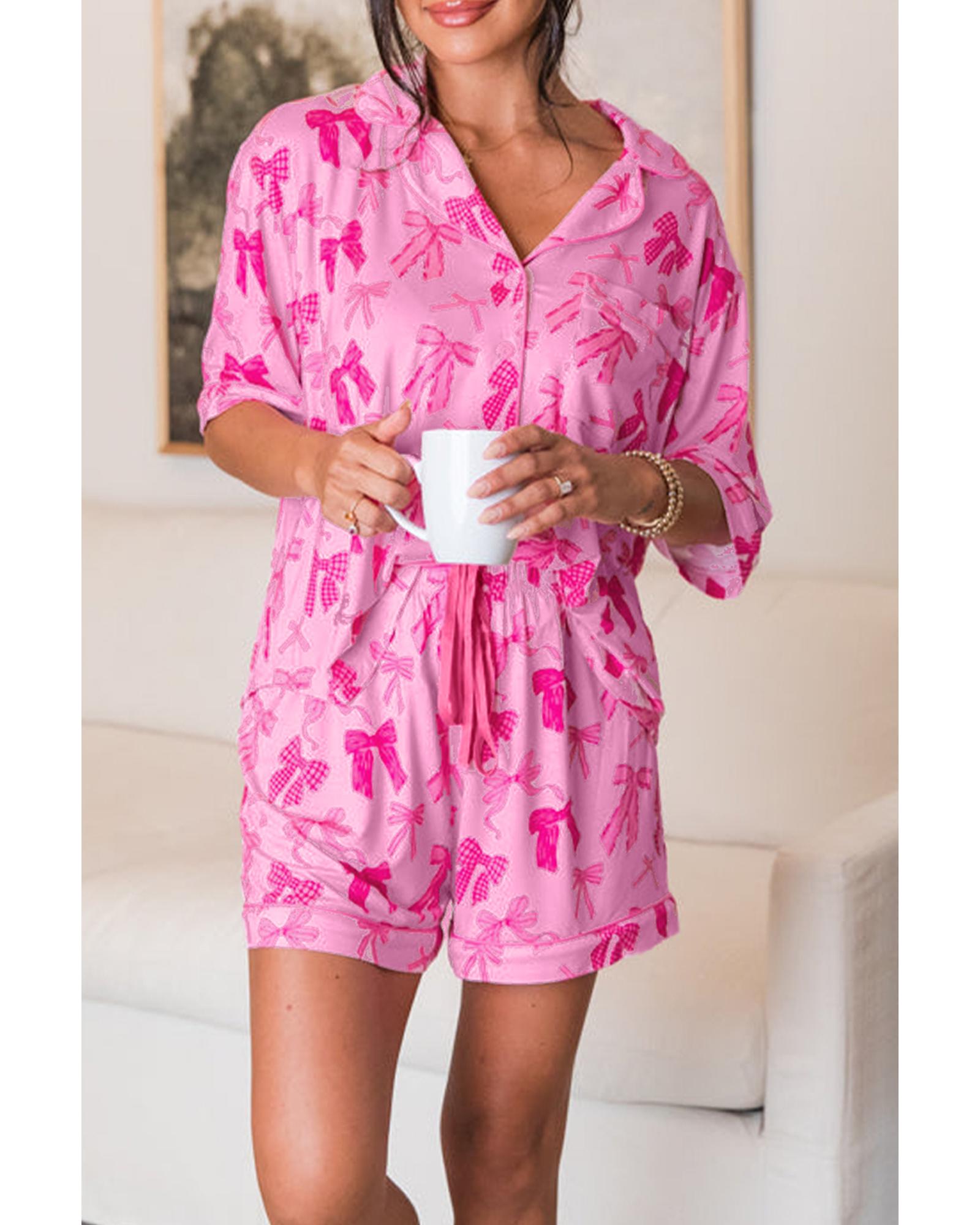 Pink Bow Print Half Sleeve Shirt and Shorts Pajamas Set - XL