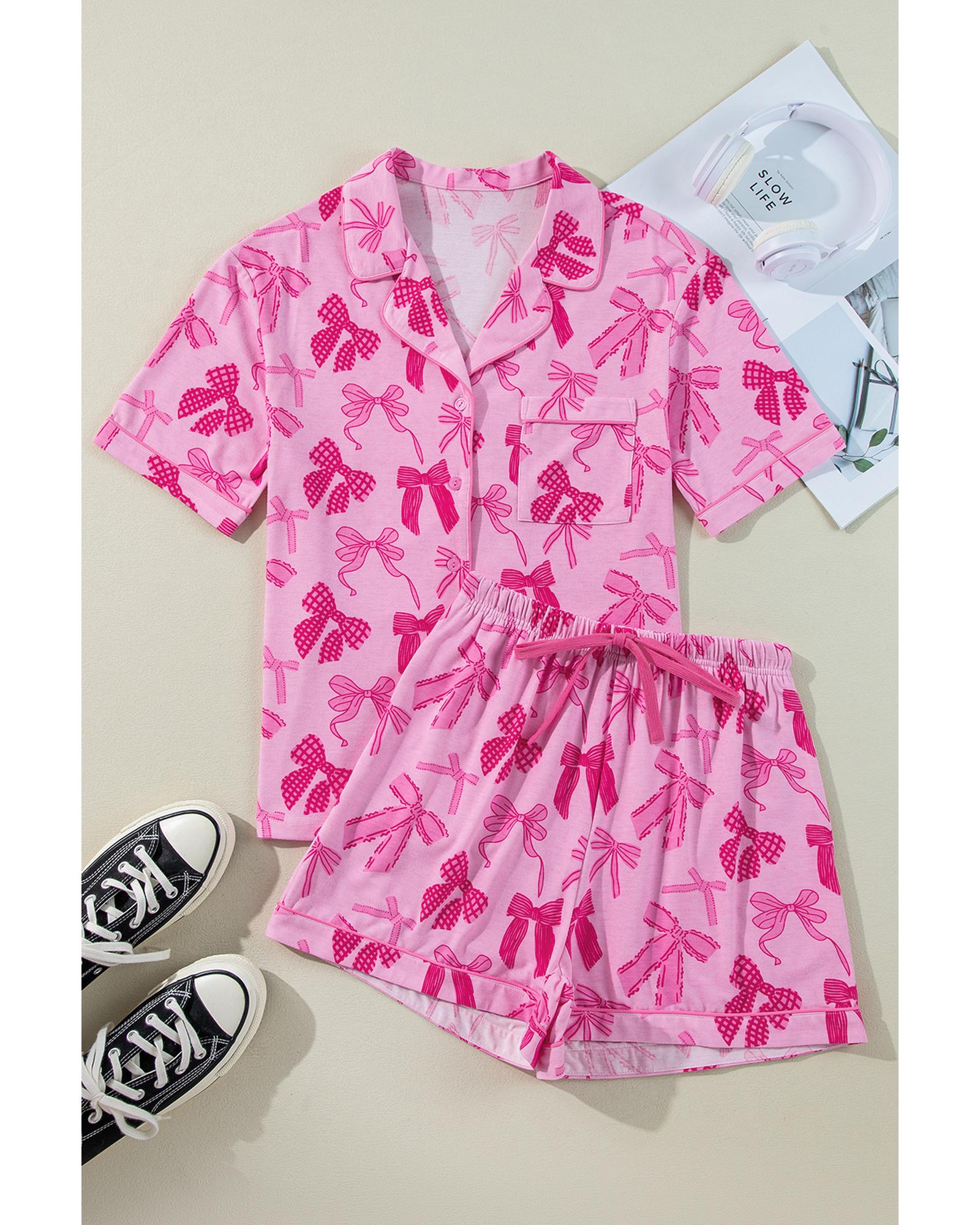 Pink Bow Print Half Sleeve Shirt and Shorts Pajamas Set - XL