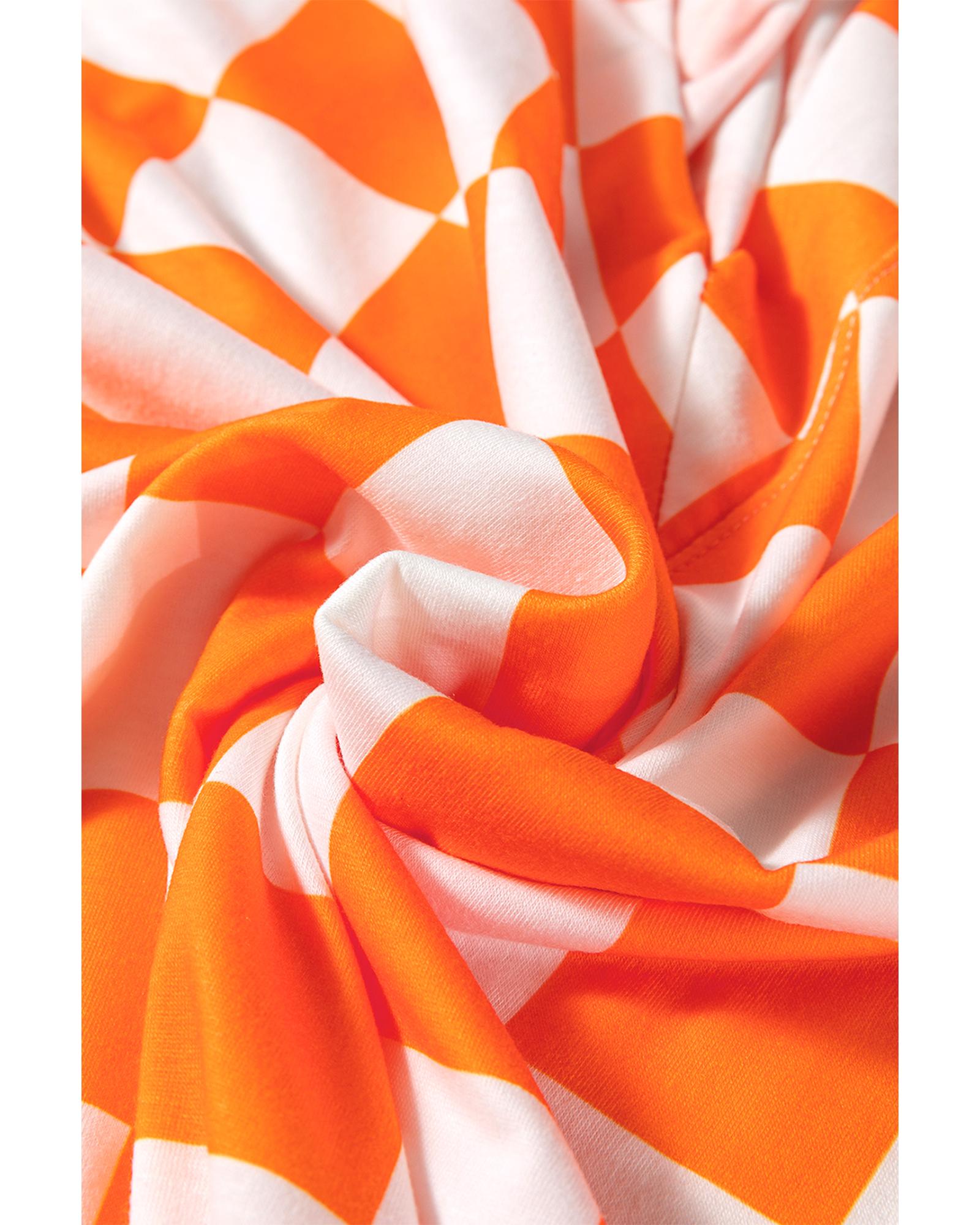 Orange Checkerboard Print V Neck Loose Tee and Shorts Lounge Set - M
