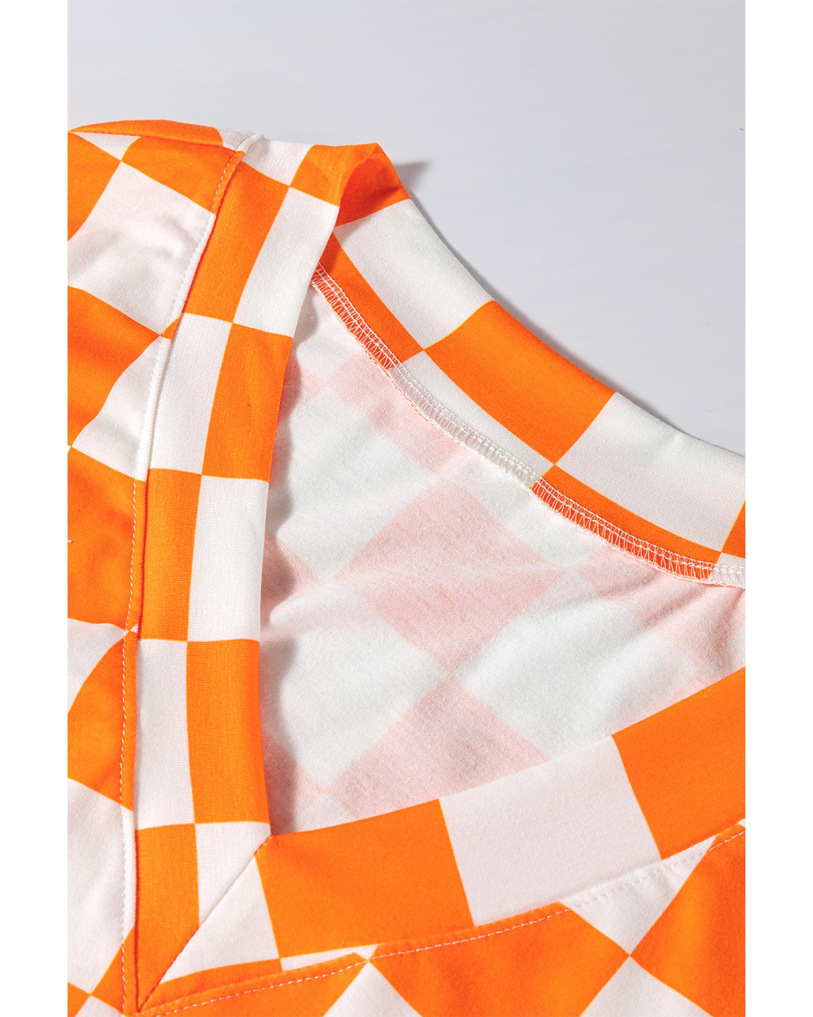Orange Checkerboard Print V Neck Loose Tee and Shorts Lounge Set - M
