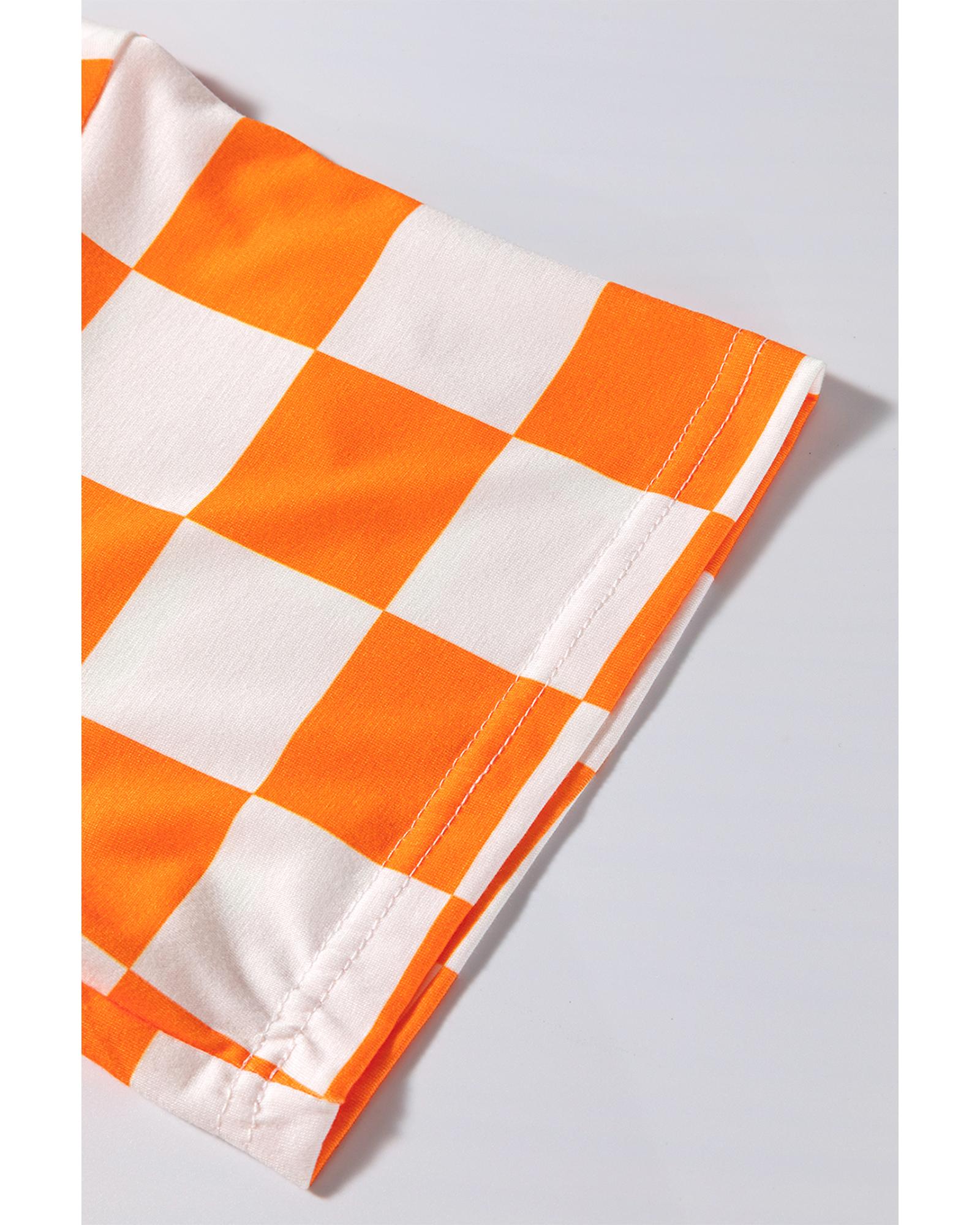Orange Checkerboard Print V Neck Loose Tee and Shorts Lounge Set - M