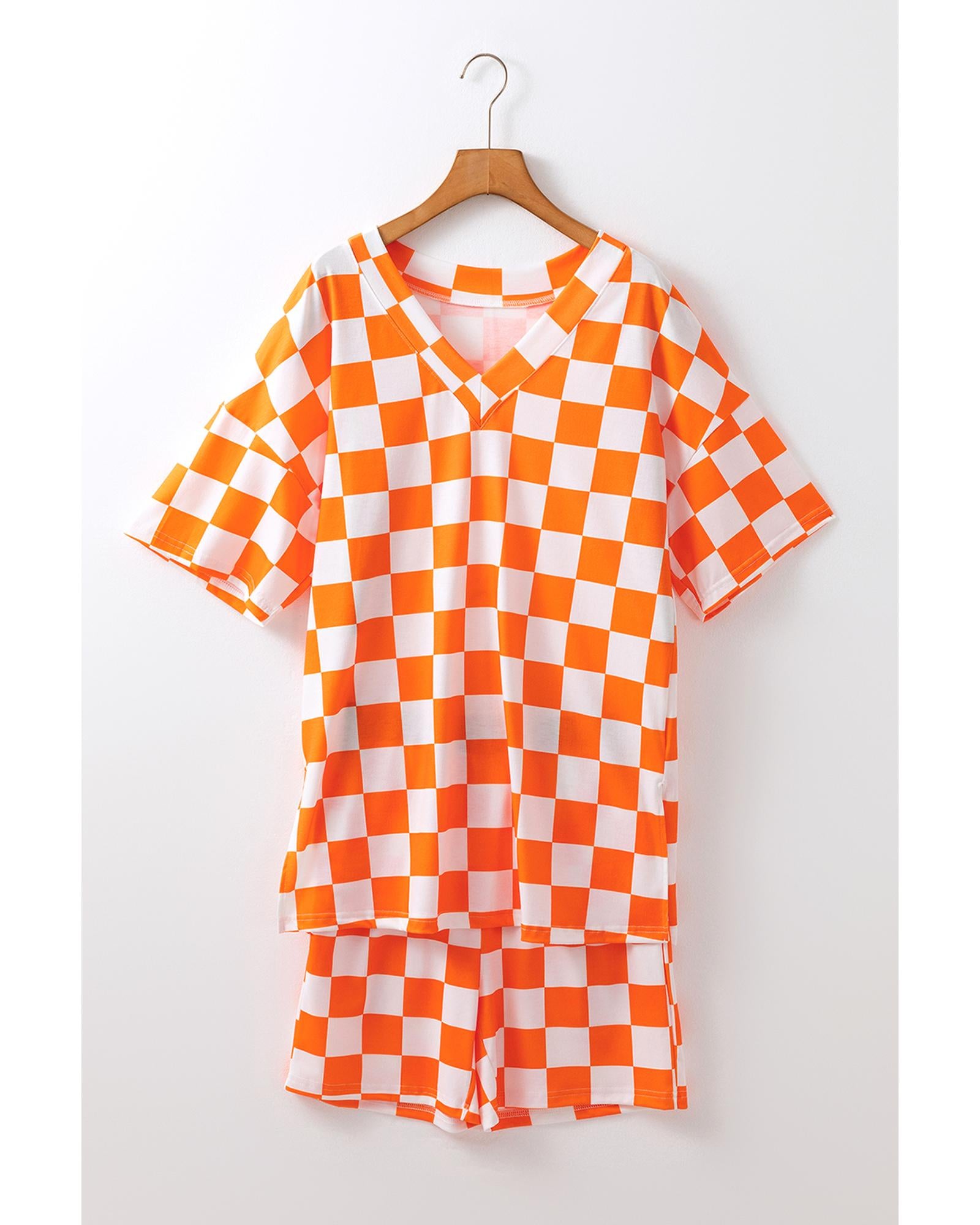 Orange Checkerboard Print V Neck Loose Tee and Shorts Lounge Set - M