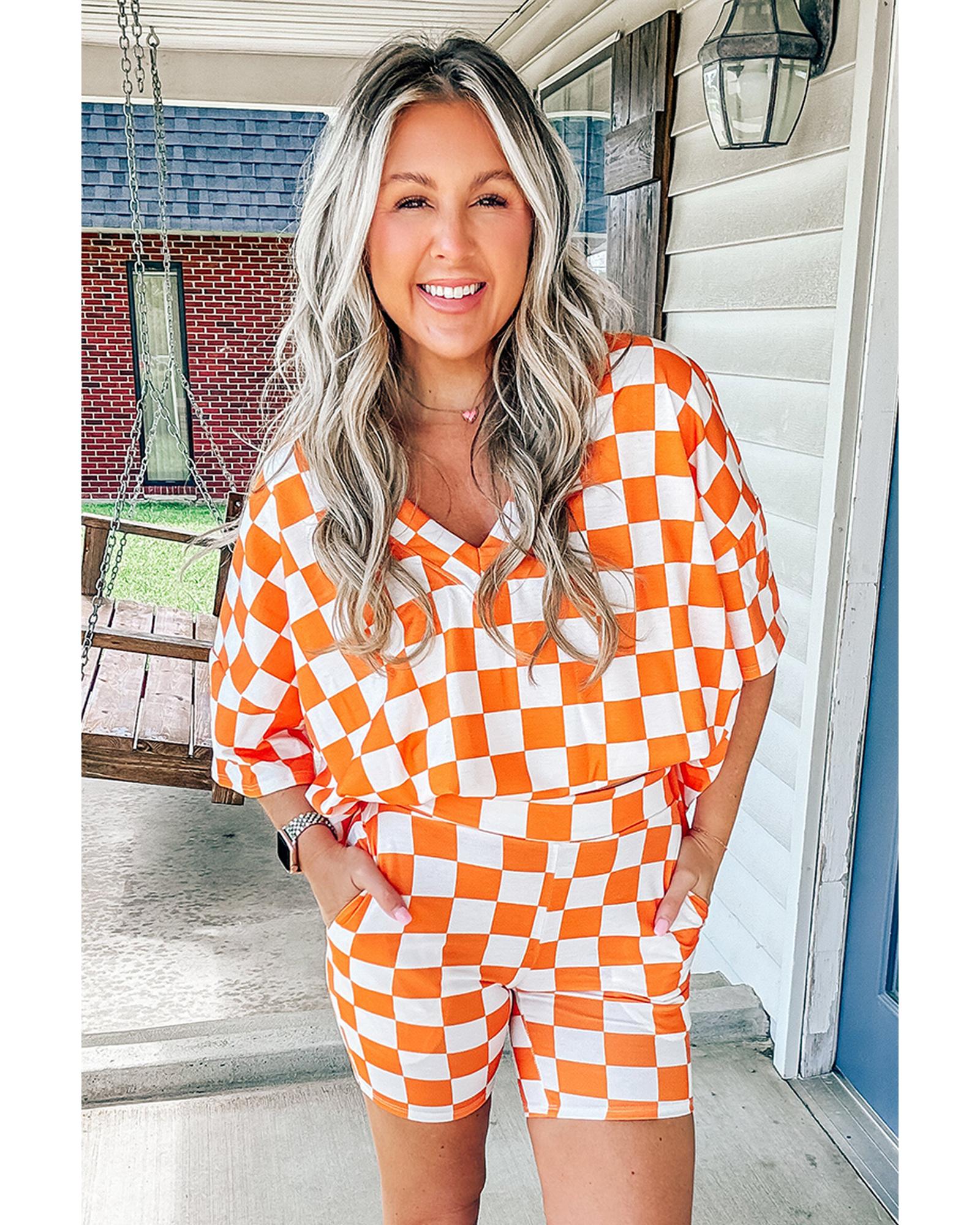 Orange Checkerboard Print V Neck Loose Tee and Shorts Lounge Set - M