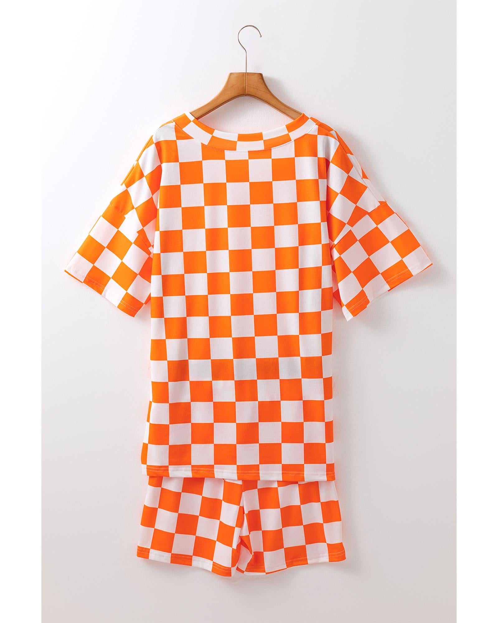 Orange Checkerboard Print V Neck Loose Tee and Shorts Lounge Set - M