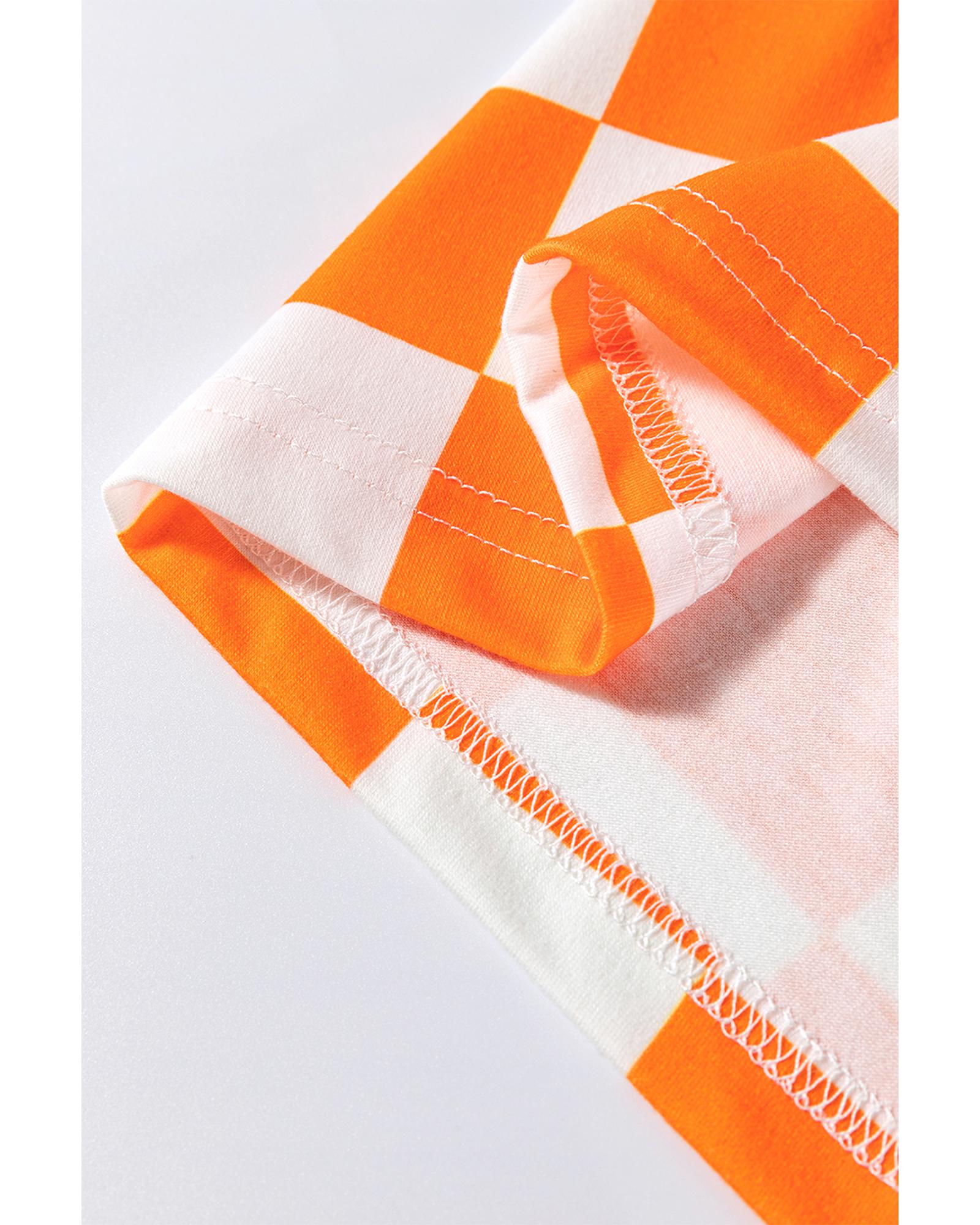 Orange Checkerboard Print V Neck Loose Tee and Shorts Lounge Set - M