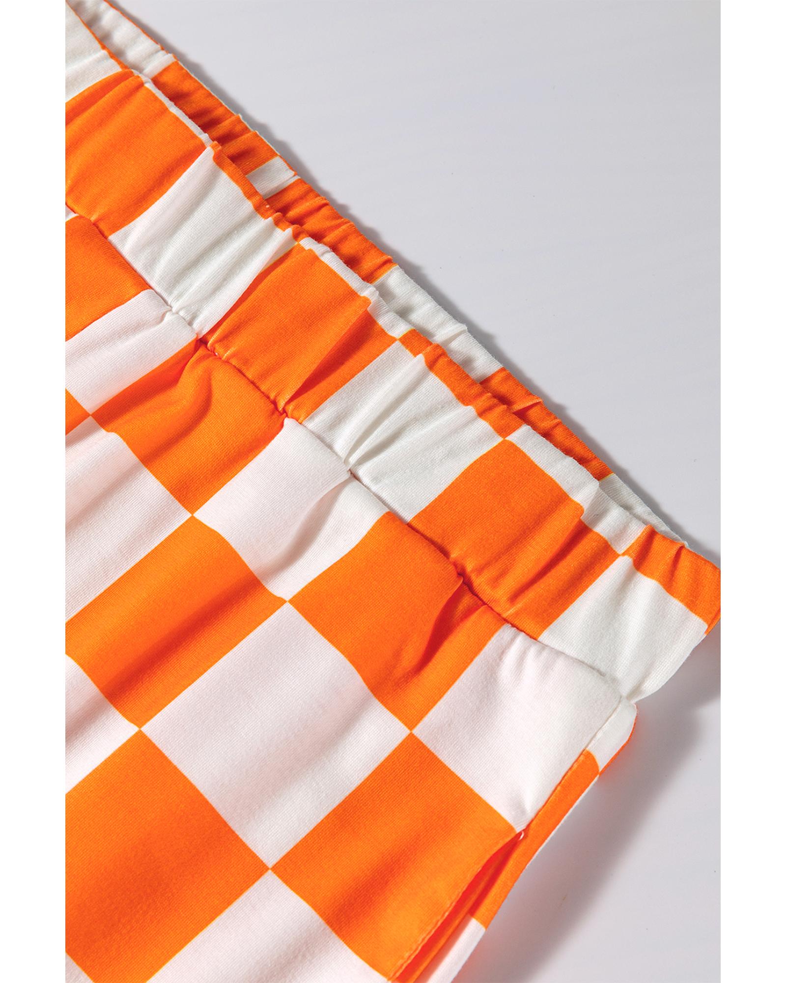 Orange Checkerboard Print V Neck Loose Tee and Shorts Lounge Set - S