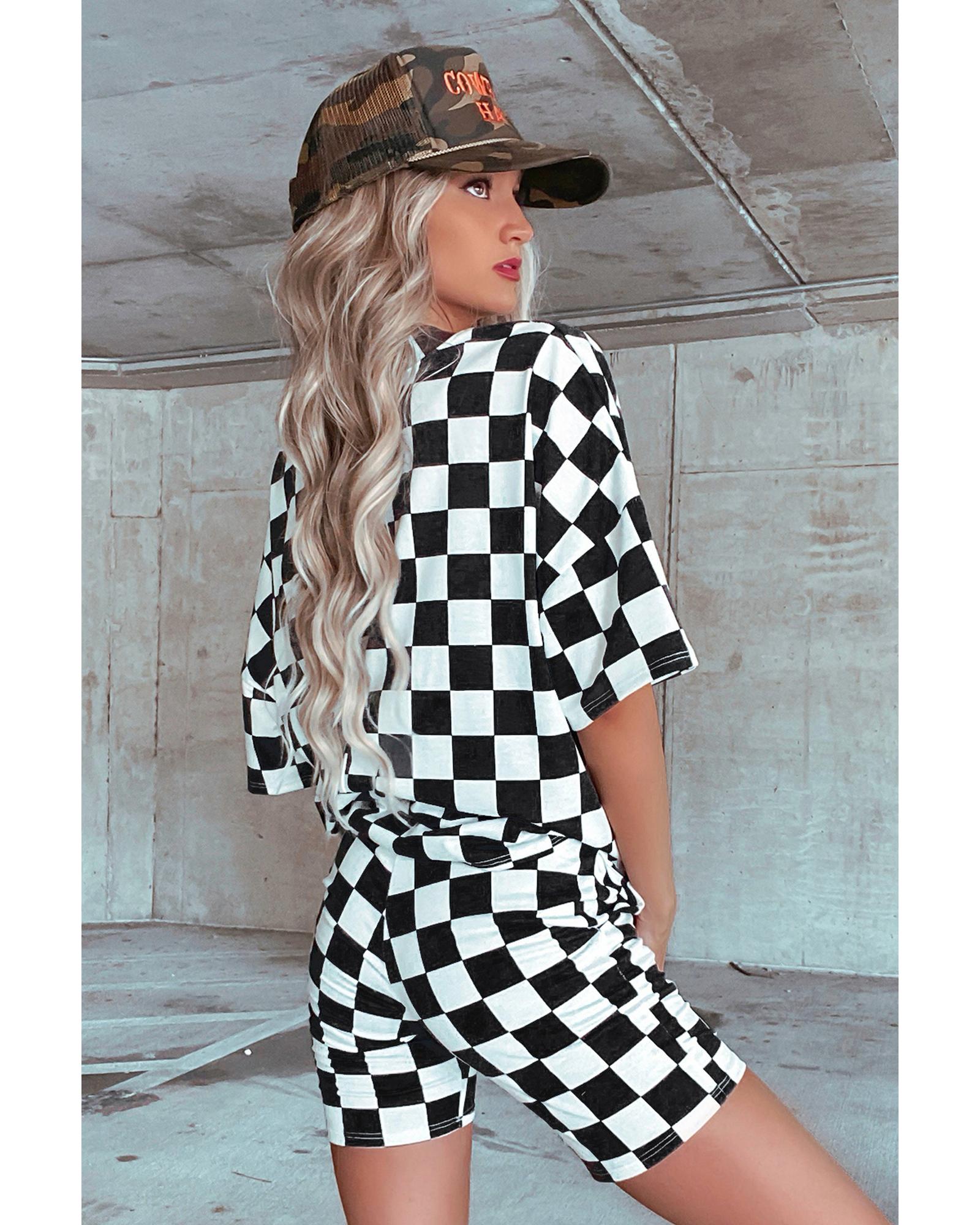 Black Checkerboard Print V Neck Loose Tee and Shorts Lounge Set - L