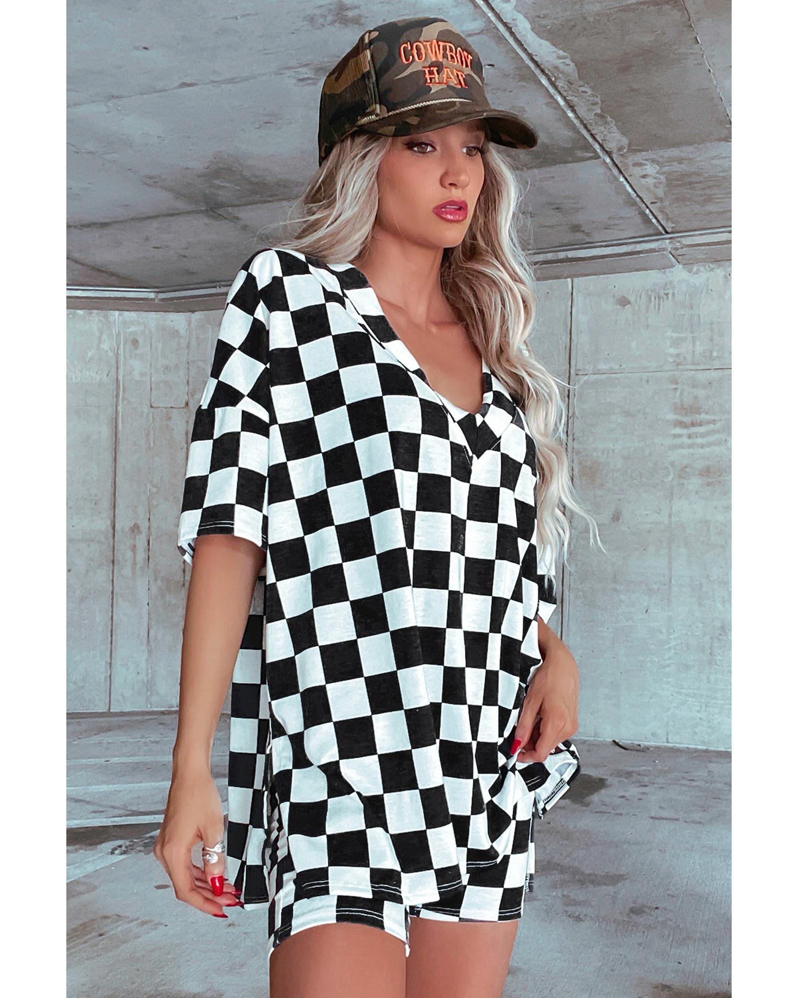 Black Checkerboard Print V Neck Loose Tee and Shorts Lounge Set - L
