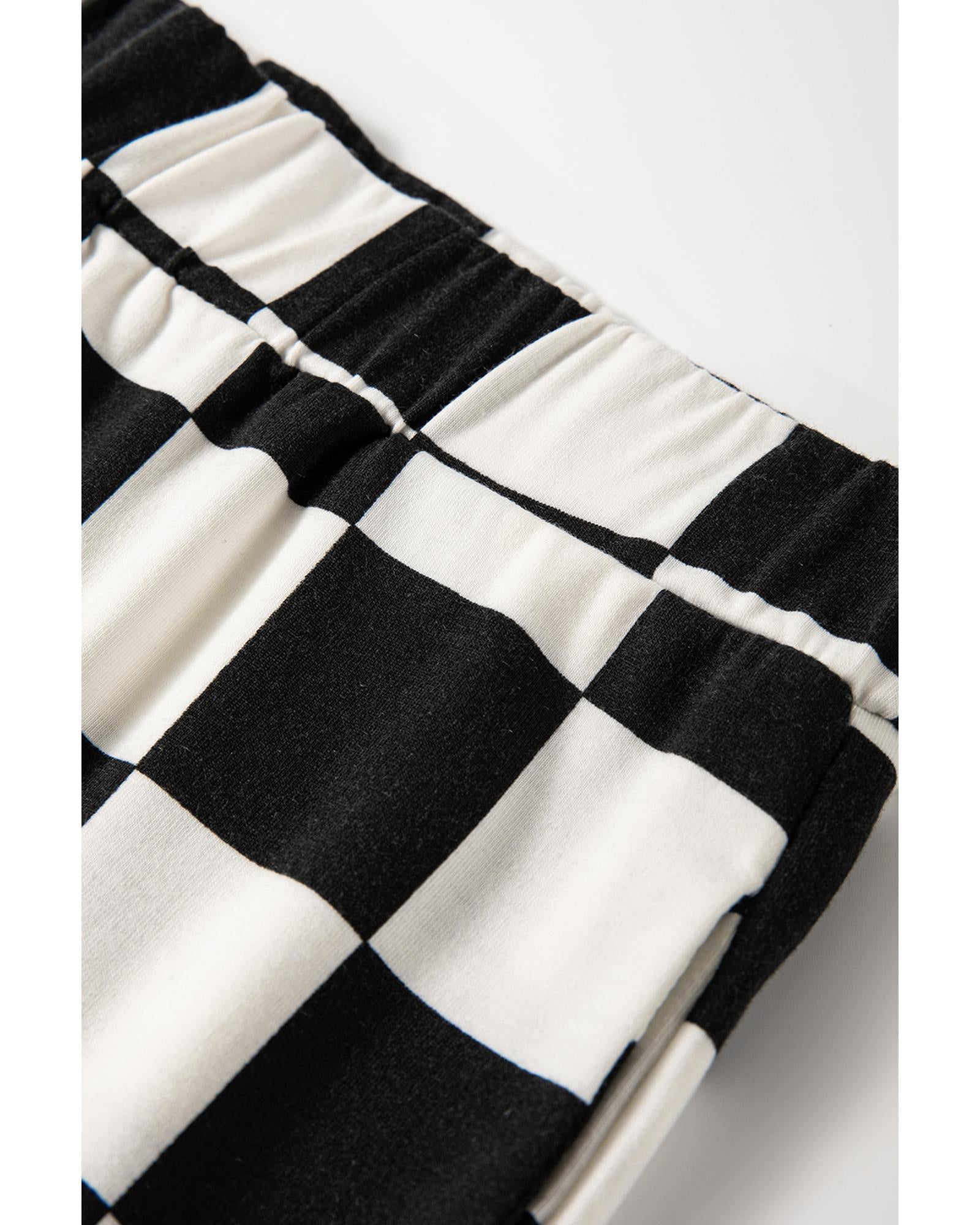 Black Checkerboard Print V Neck Loose Tee and Shorts Lounge Set - M