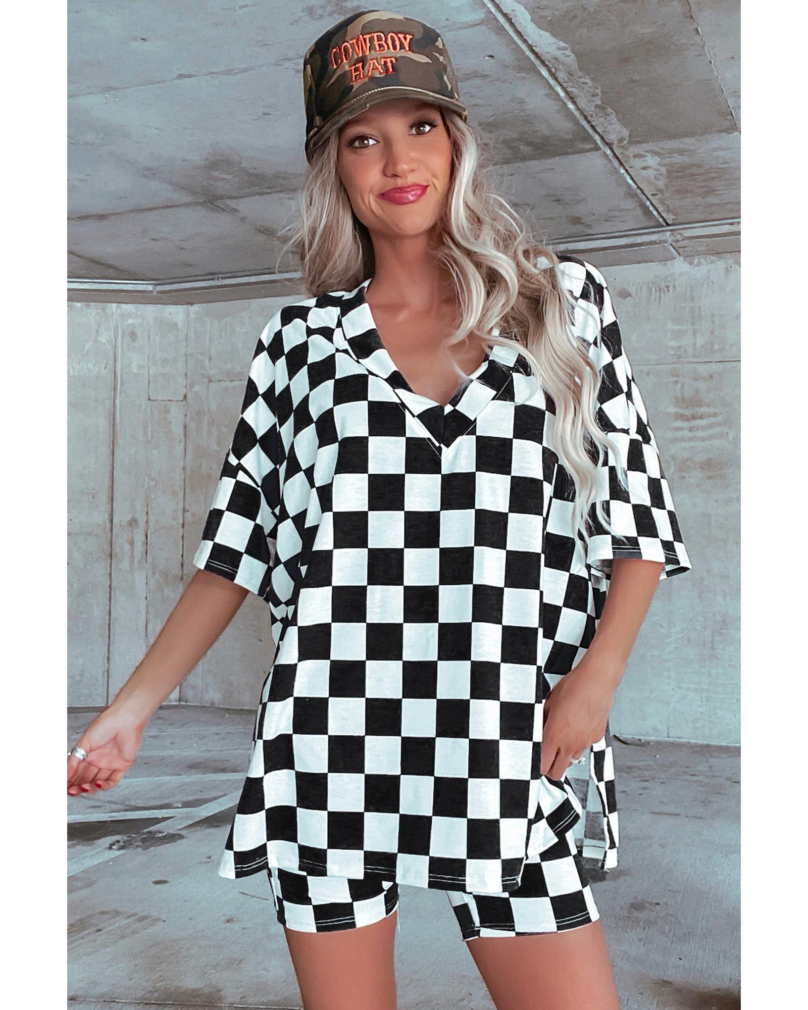 Black Checkerboard Print V Neck Loose Tee and Shorts Lounge Set - S