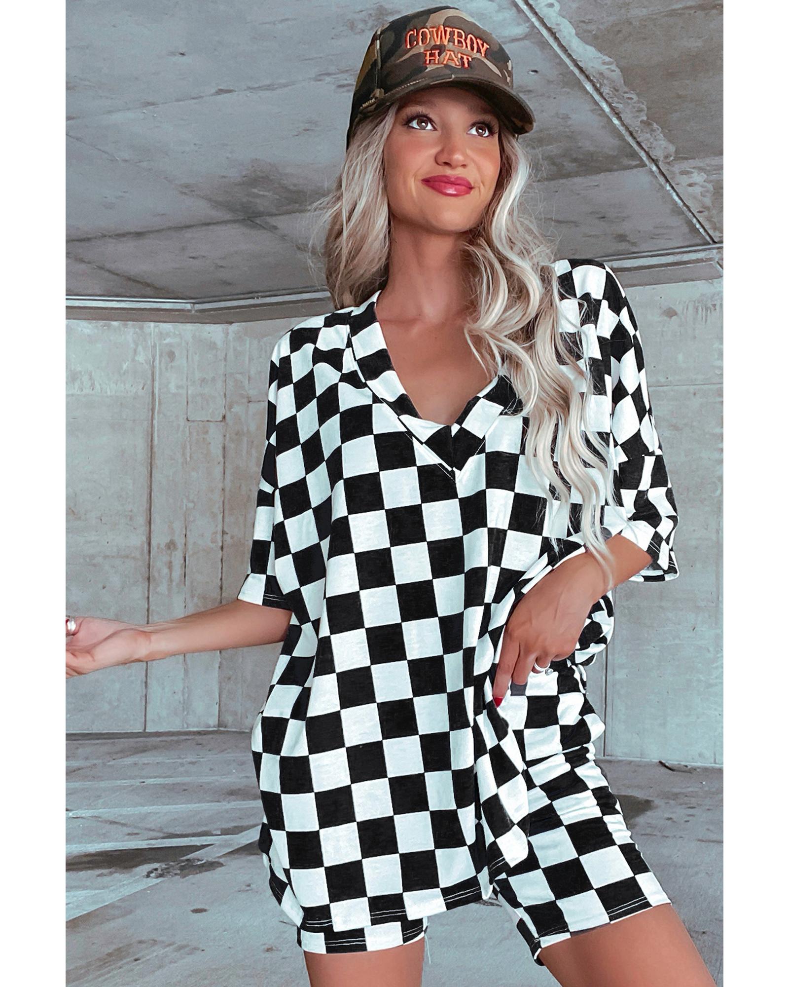 Black Checkerboard Print V Neck Loose Tee and Shorts Lounge Set - S