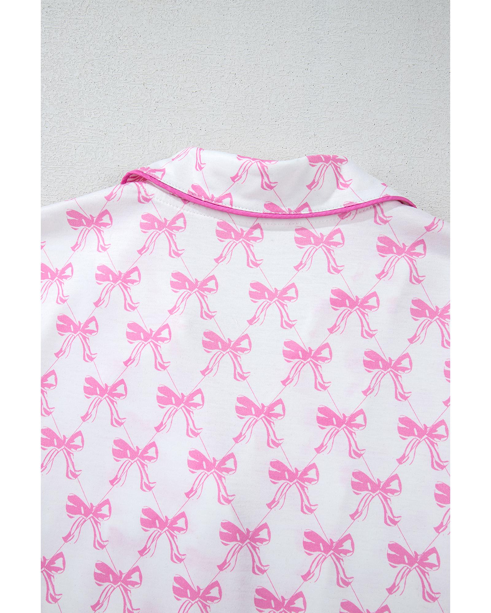 Pink Bowknot Printed Short Sleeve and Ruffled Shorts Valentines Pajama Set - S