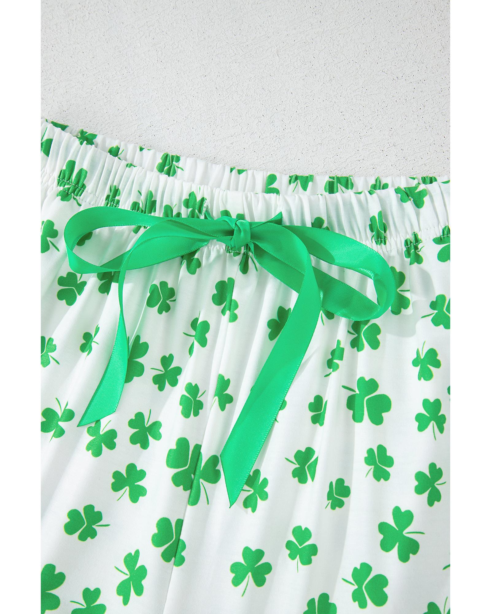 Green Clover Printed Short Sleeve and Ruffled Shorts Pajama Set - L