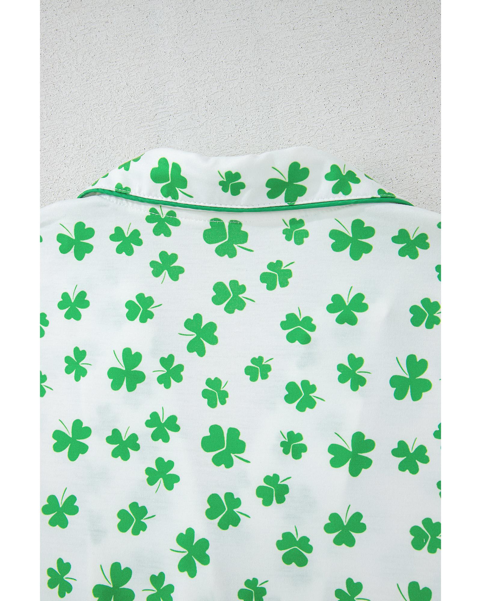 Green Clover Printed Short Sleeve and Ruffled Shorts Pajama Set - L