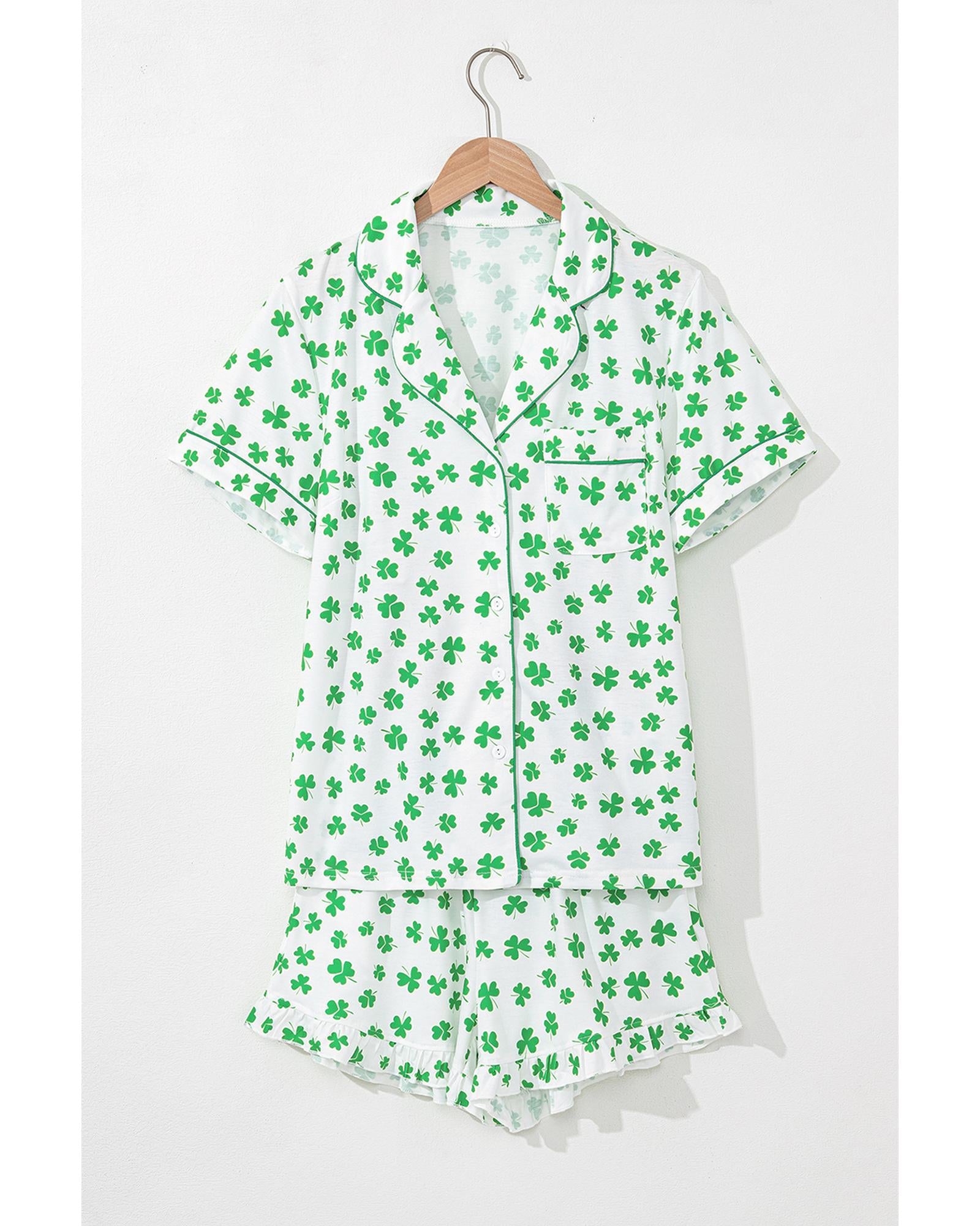 Green Clover Printed Short Sleeve and Ruffled Shorts Pajama Set - L