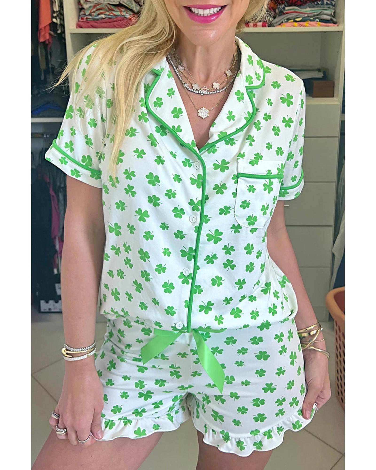 Green Clover Printed Short Sleeve and Ruffled Shorts Pajama Set - M