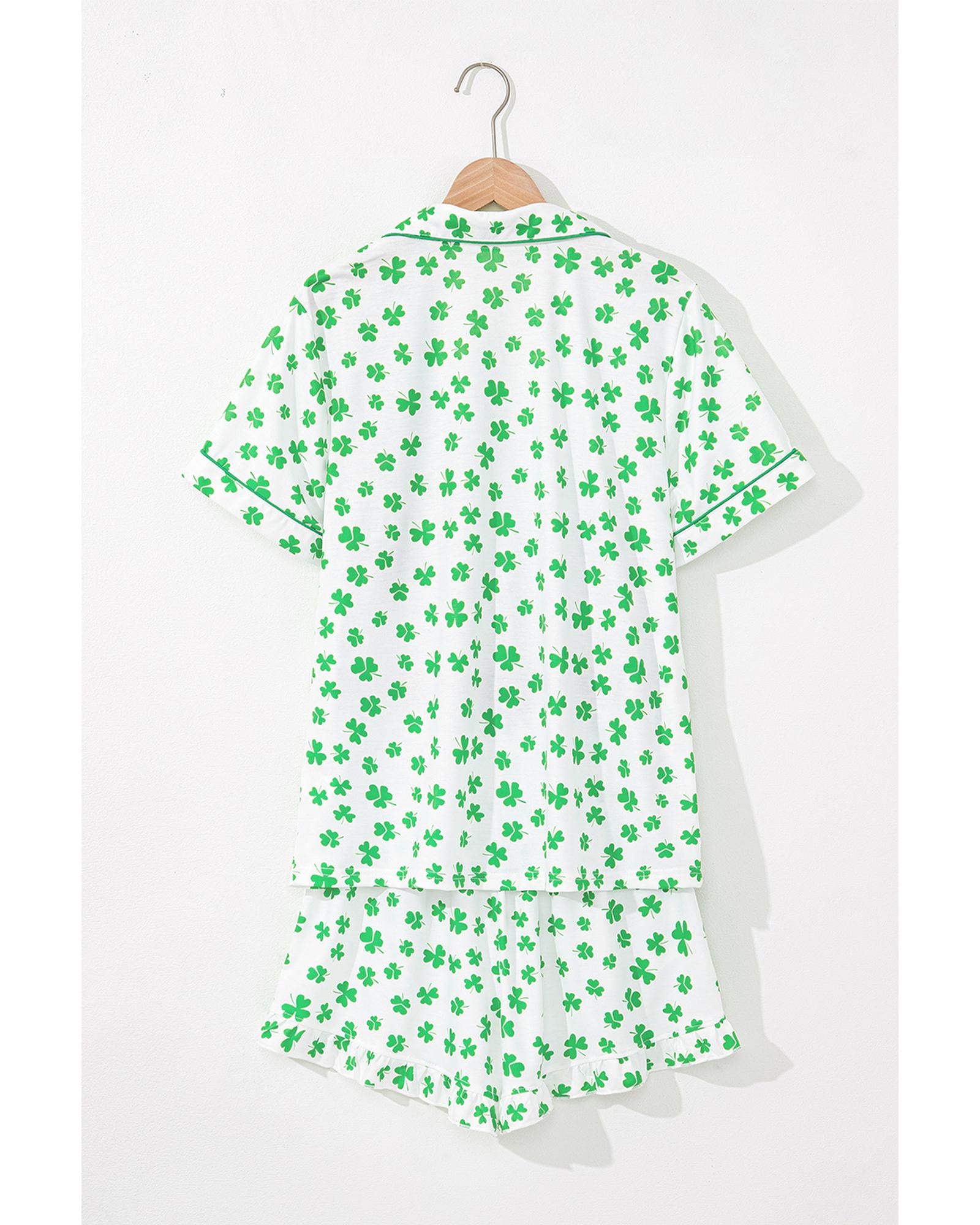 Green Clover Printed Short Sleeve and Ruffled Shorts Pajama Set - S