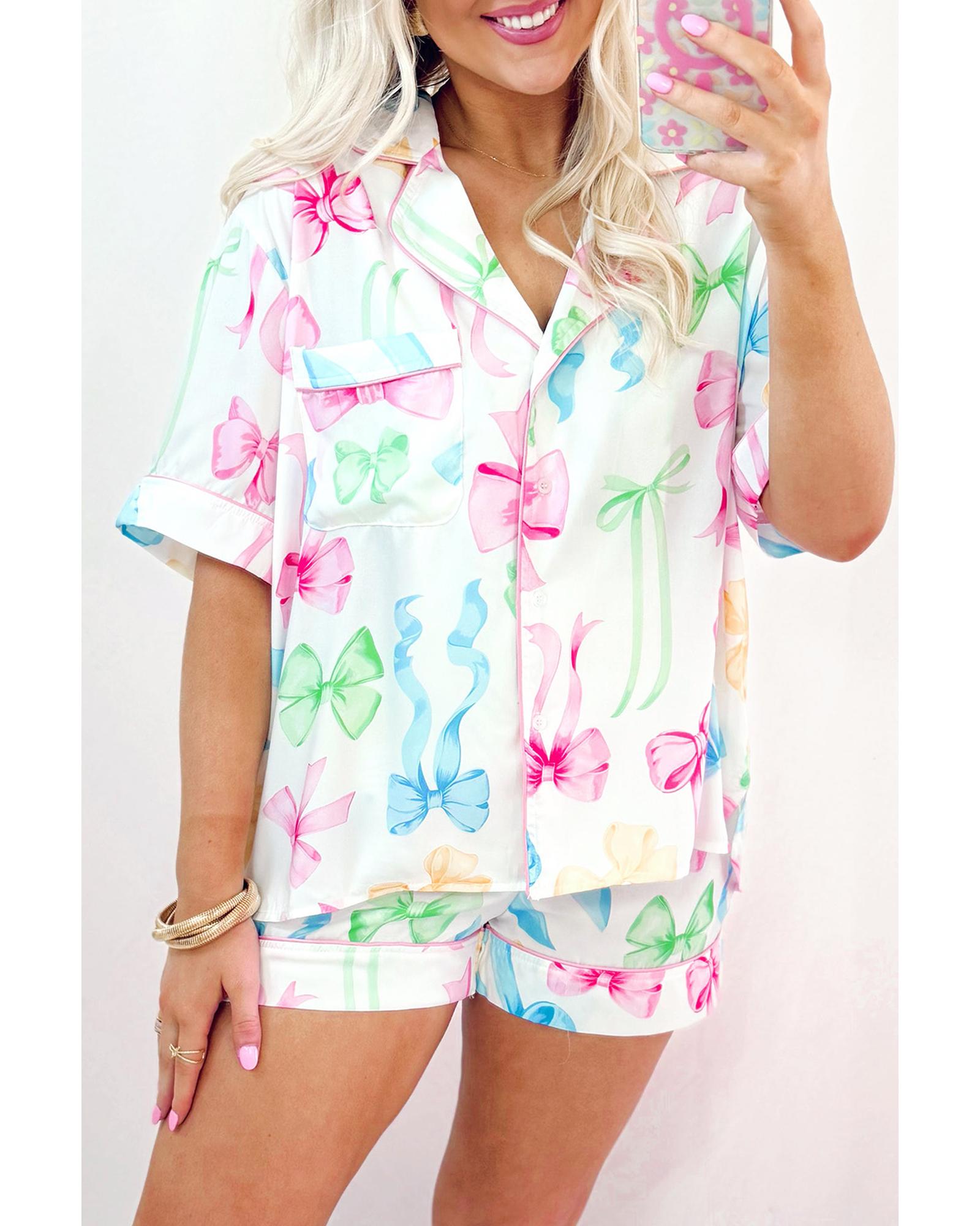 White Bowknot Print Buttoned Shirt High Waist Shorts Pajama Set - M