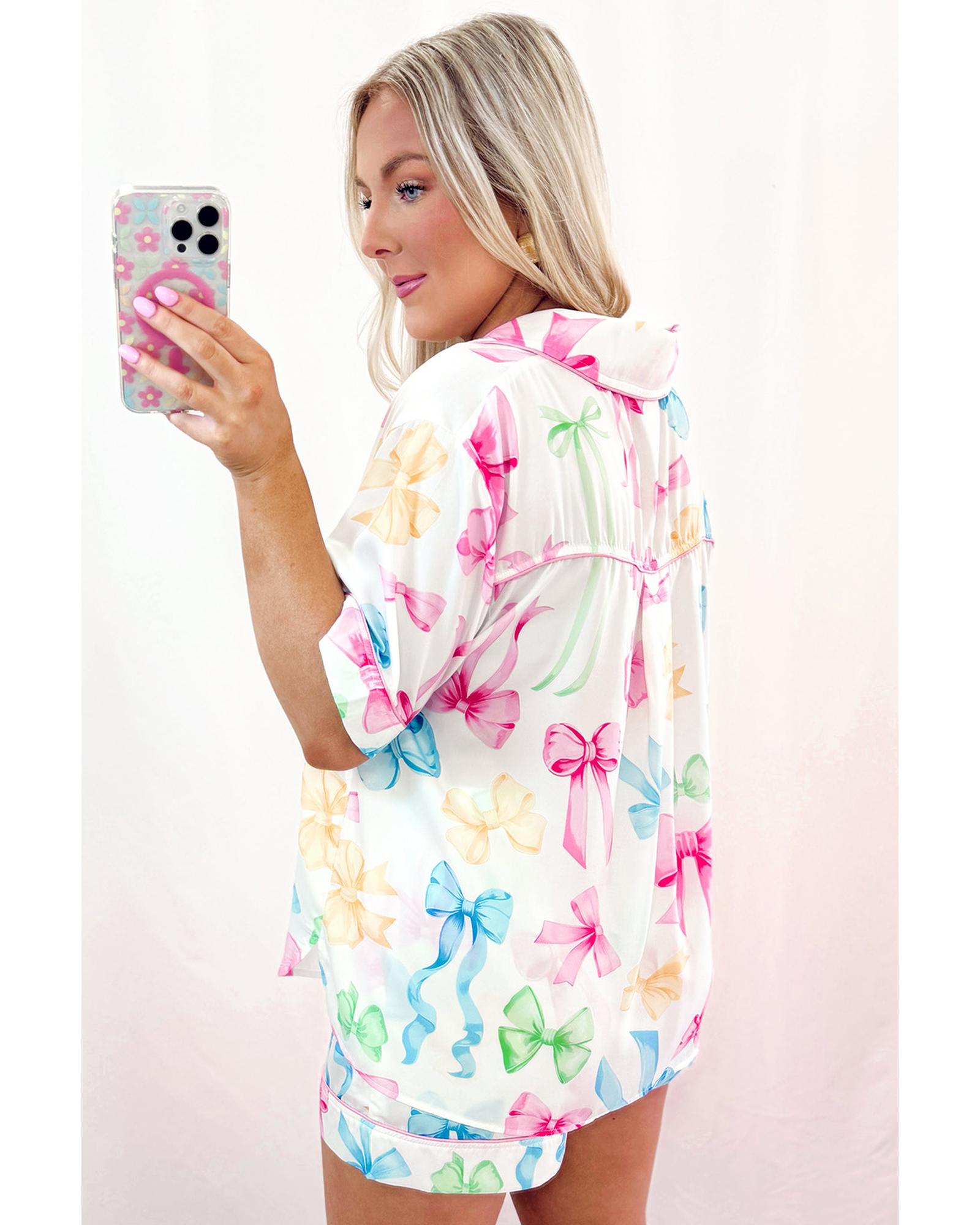 White Bowknot Print Buttoned Shirt High Waist Shorts Pajama Set - M