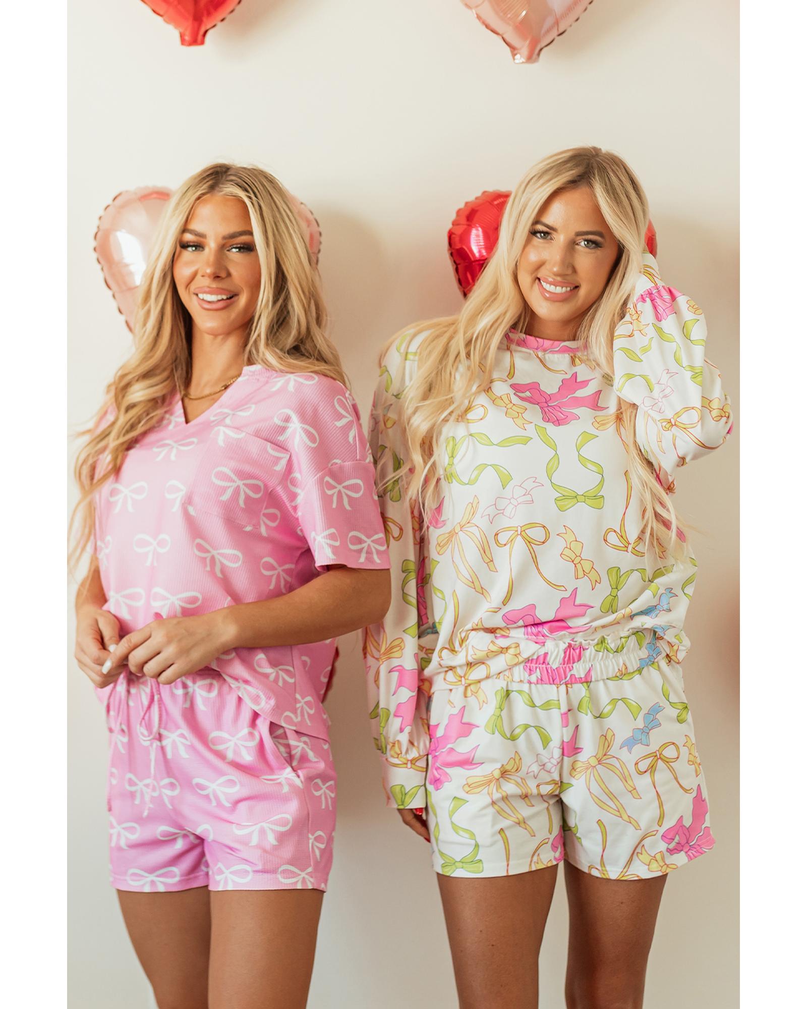 Pink Waffle Knit Bowknot Printed V Neck T Shirt and Shorts Set - M