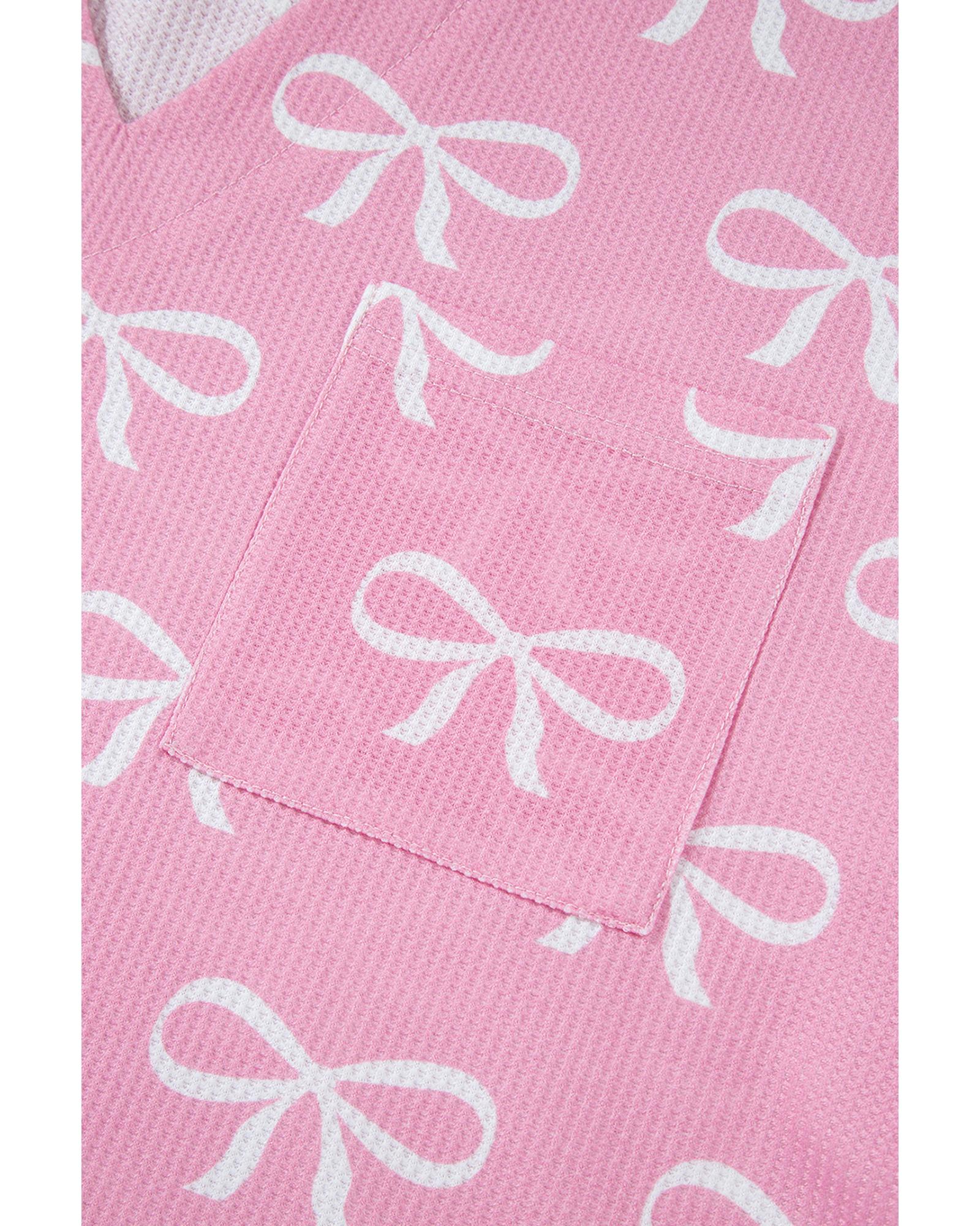 Pink Waffle Knit Bowknot Printed V Neck T Shirt and Shorts Set - M