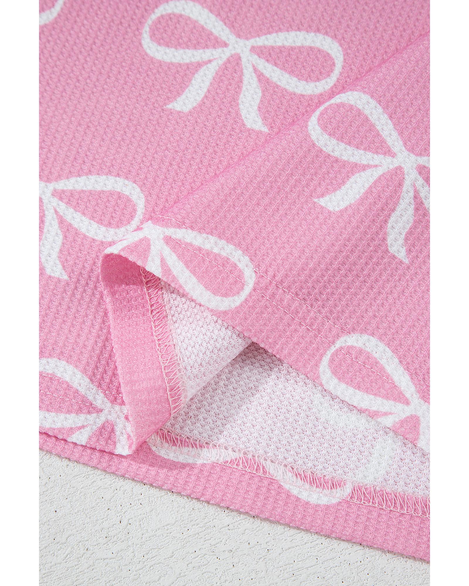 Pink Waffle Knit Bowknot Printed V Neck T Shirt and Shorts Set - M